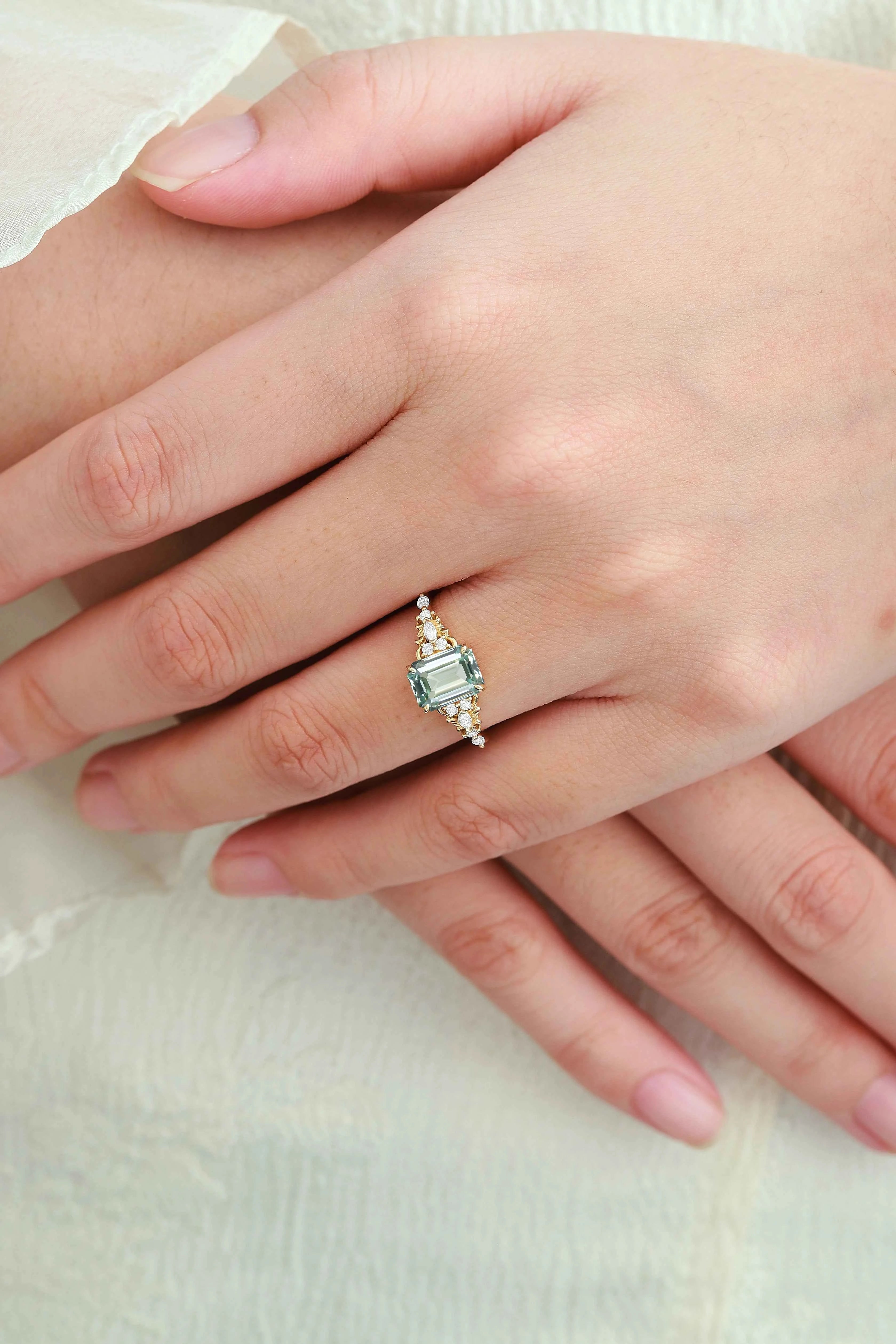 Nature-Inspired Emerald-Cut Green Sapphire Engagement Ring with Moissanite Accents