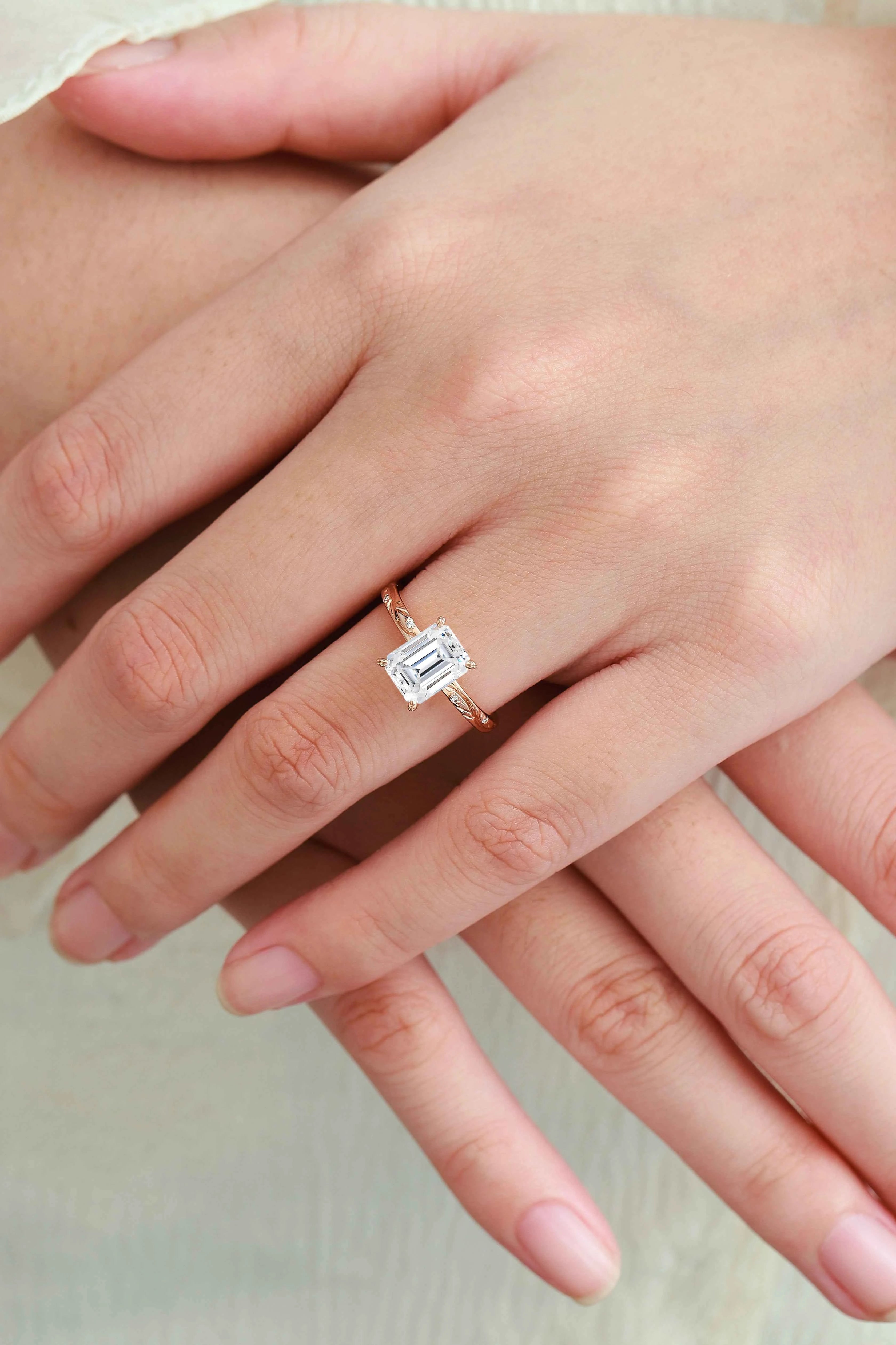 Minimalist Elegance Leaf Prong Emerald Cut Moissanite Engagement Ring