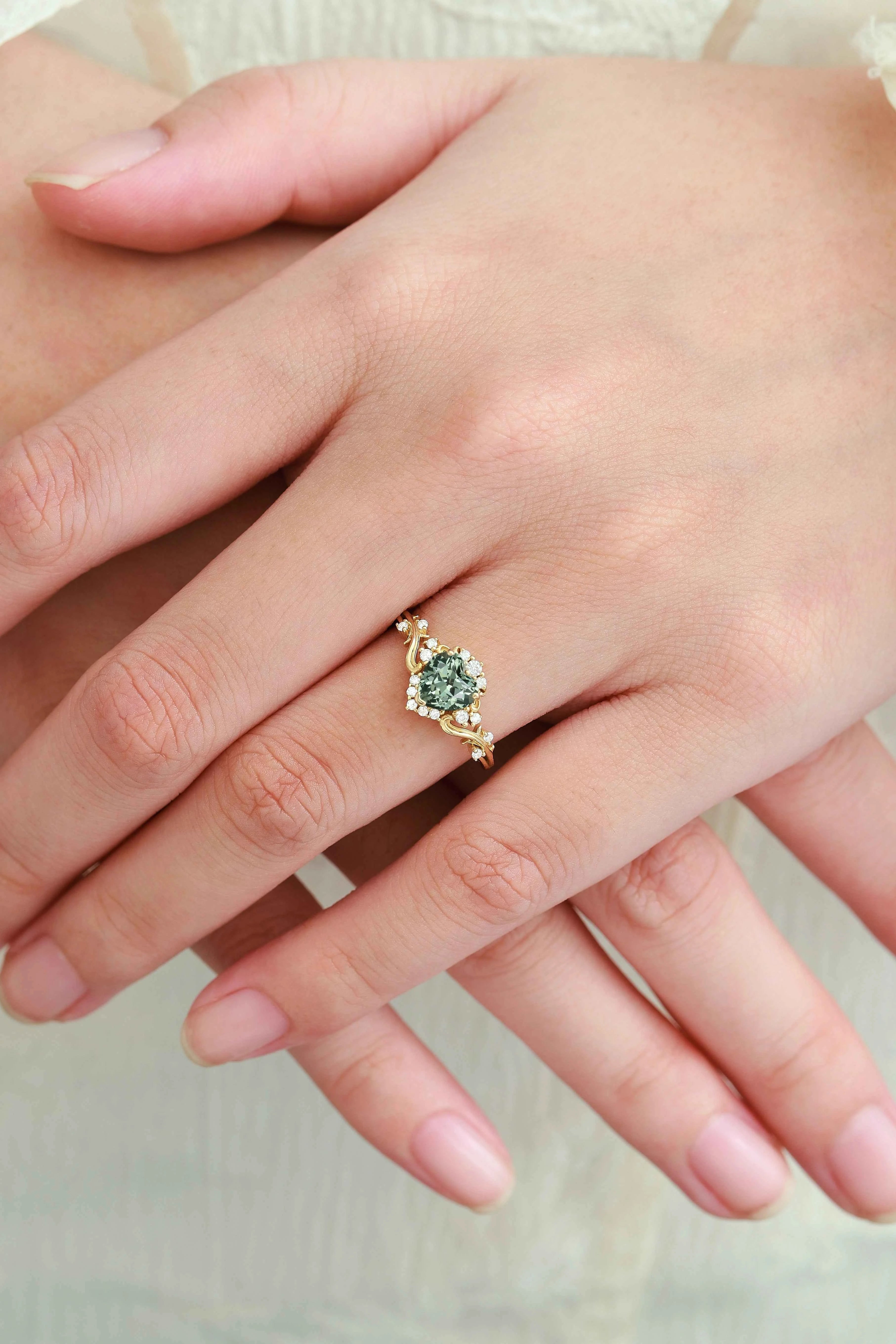 Heart-Cut Teal Sapphire & Moissanite Cluster Nature-Inspired Engagement Ring