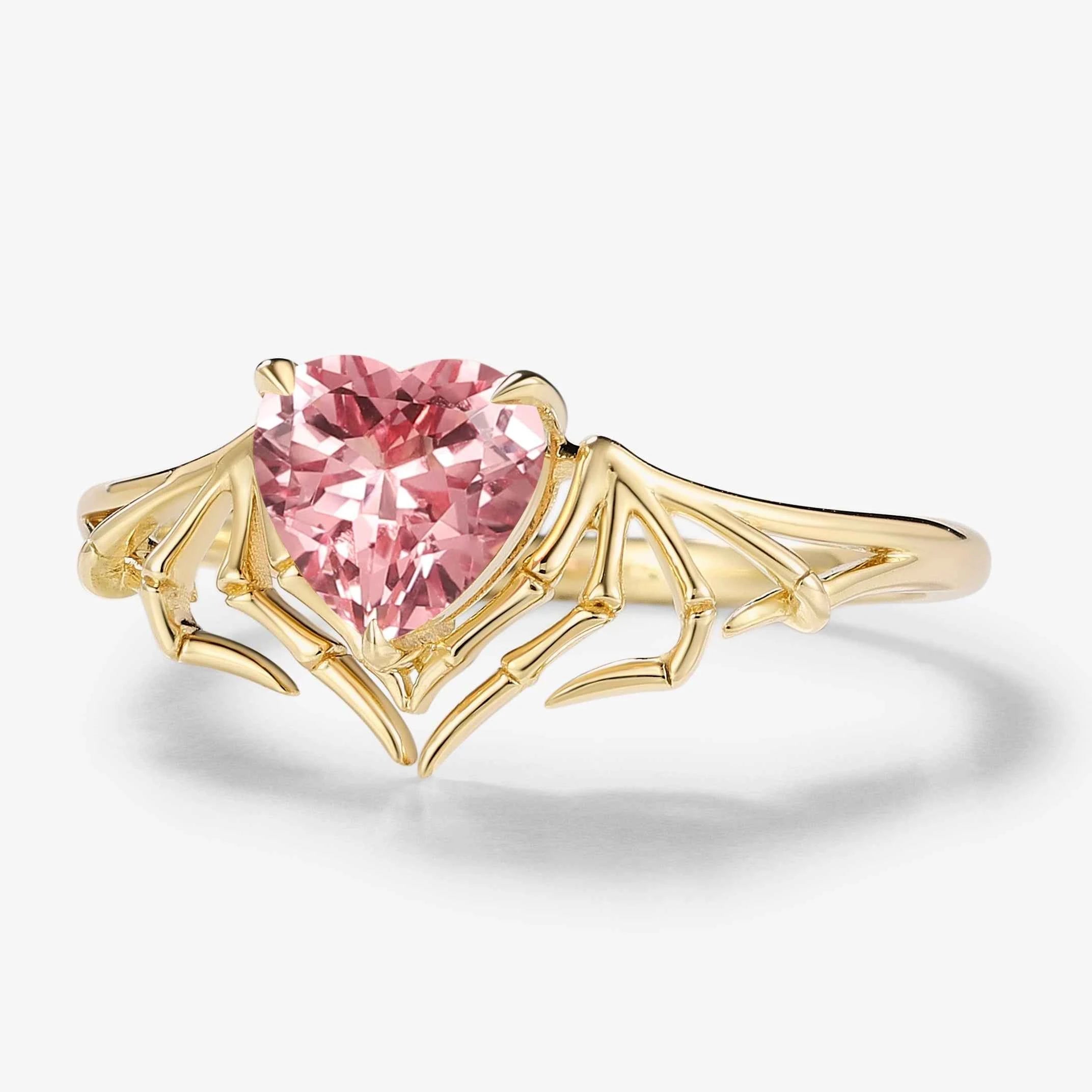 Bat Wing & Spider Claw Inspired Heart Cut Padparadscha Ring