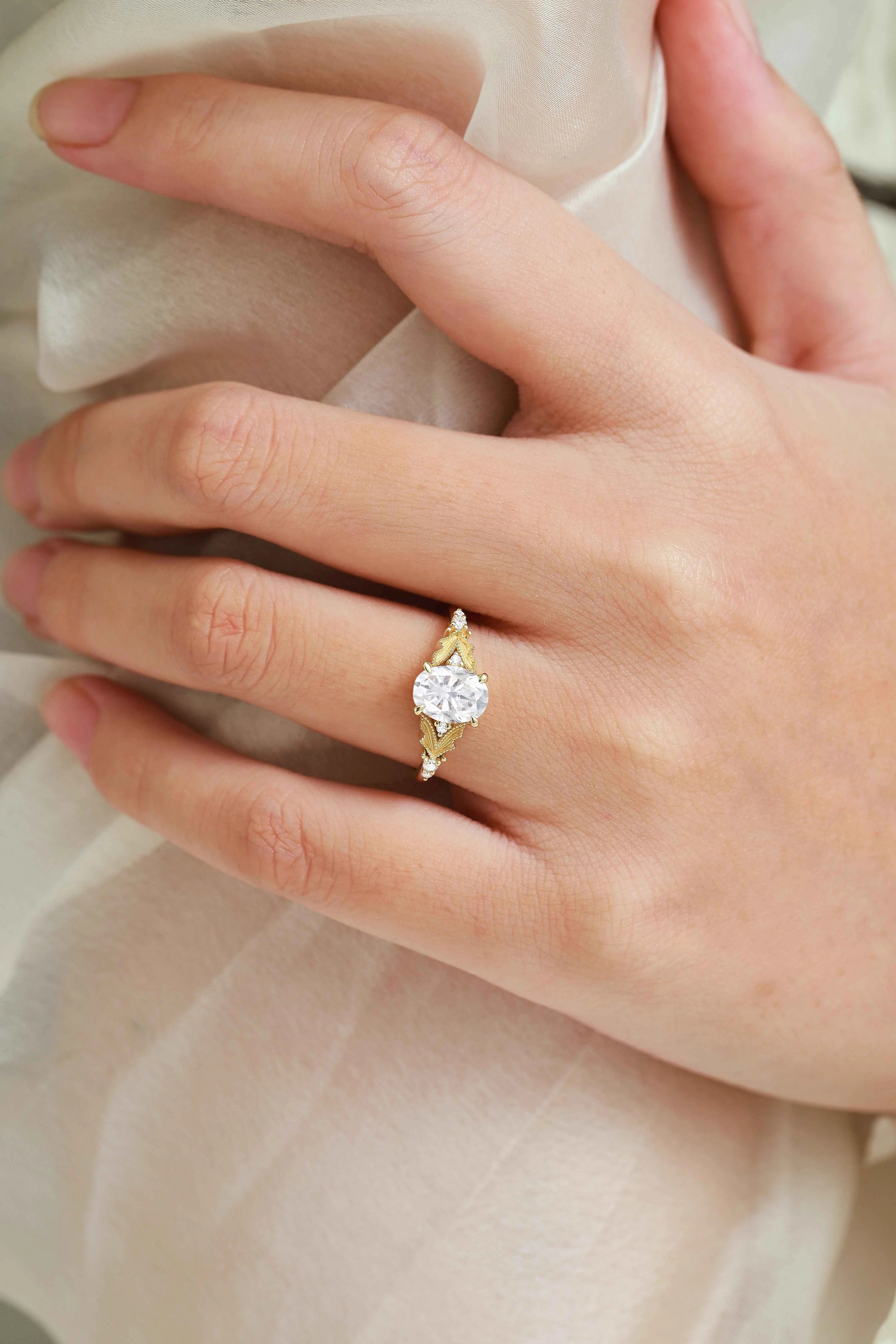 Elegant Dress-Lapel Inspired Bezel Oval Cut Moissanite Ring for the Bride