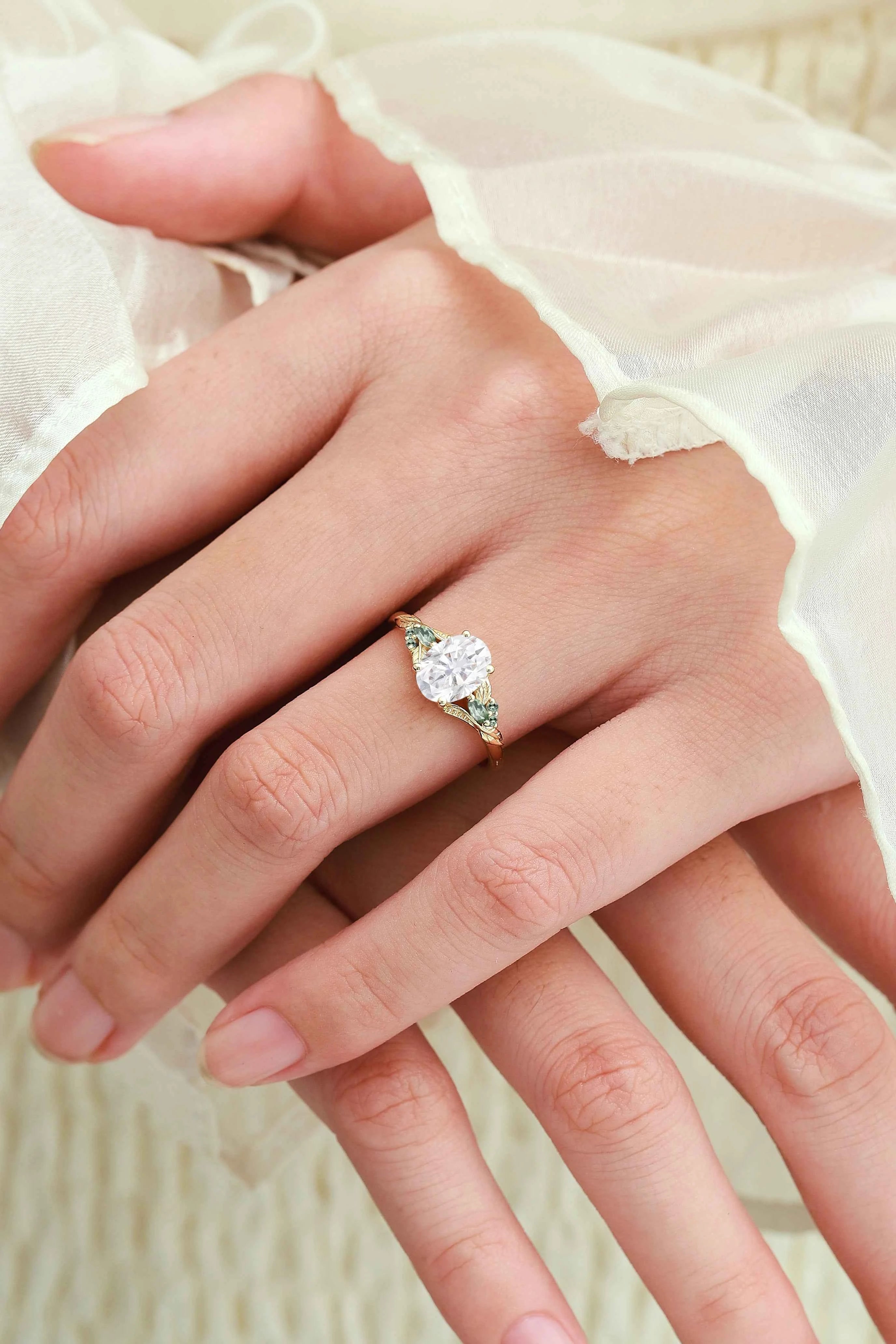 Leaf-Inspired Symmetrical Oval Moissanite Engagement Ring – Unique Nature Design