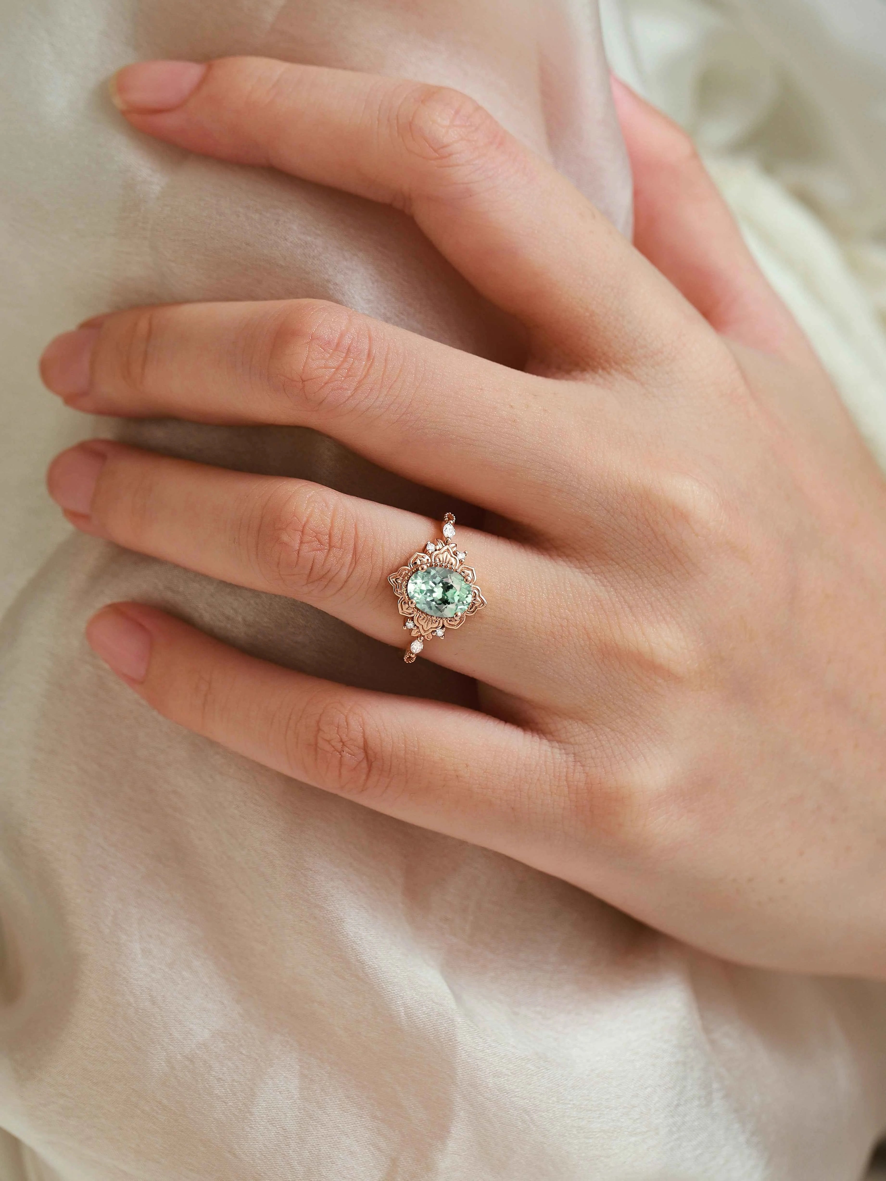 Oval Green Sapphire Nature-Inspired Leaf Vintage Halo Engagement Ring