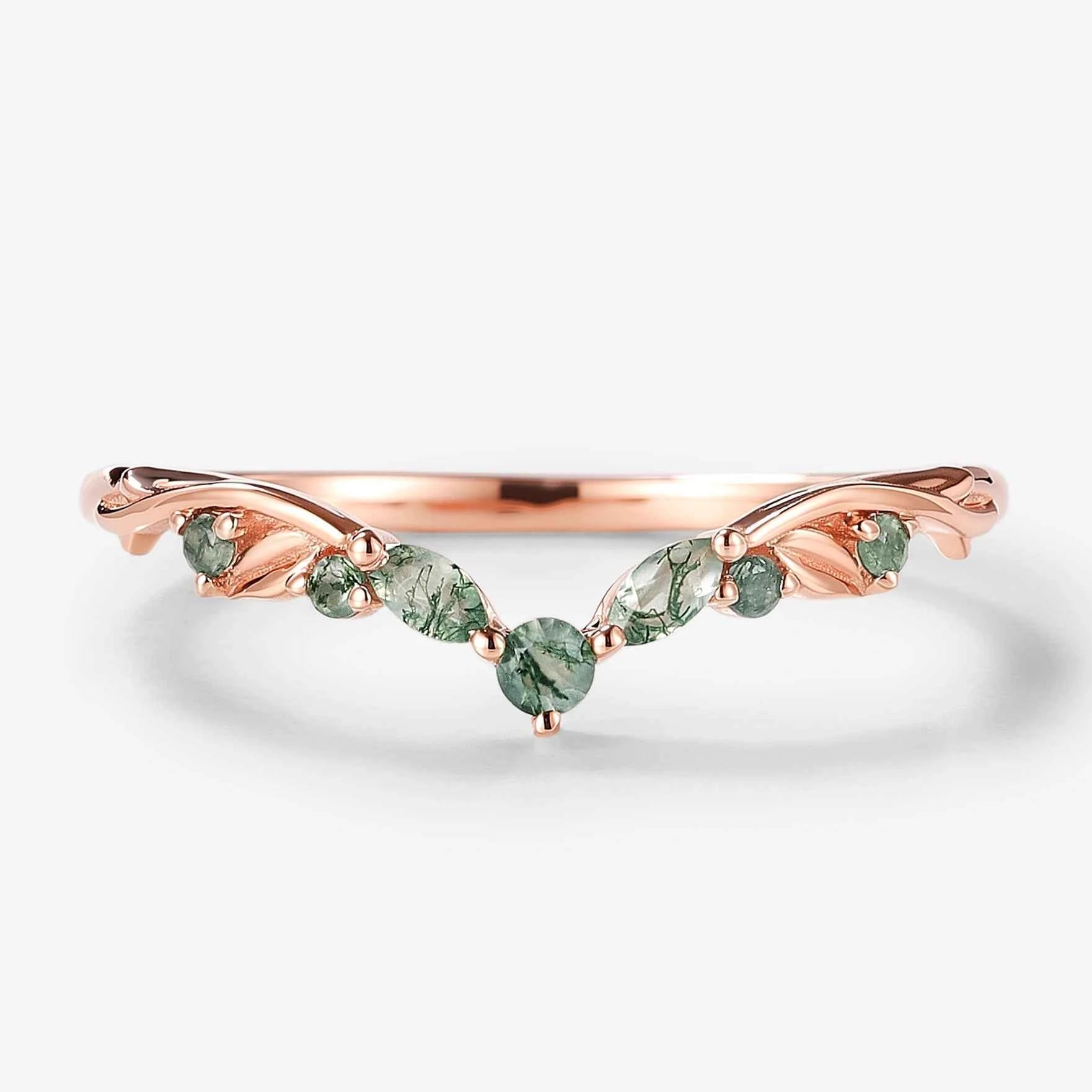 Nature-Inspired Moss Agate Chevron Wedding Band