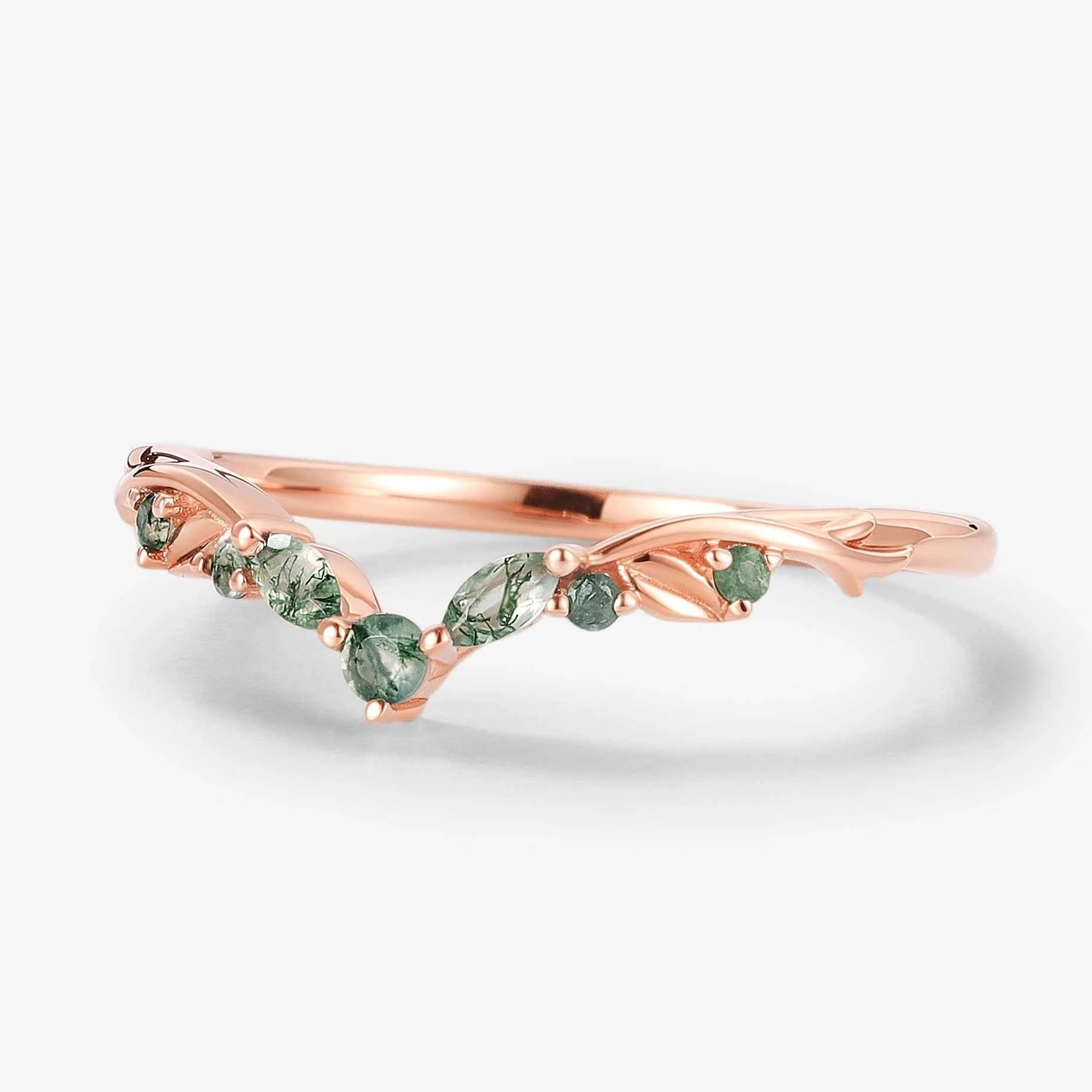 Nature-Inspired Moss Agate Chevron Wedding Band