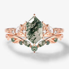 Leaf Inspired Hexagon Cut Moss Agate Engagement Ring Set