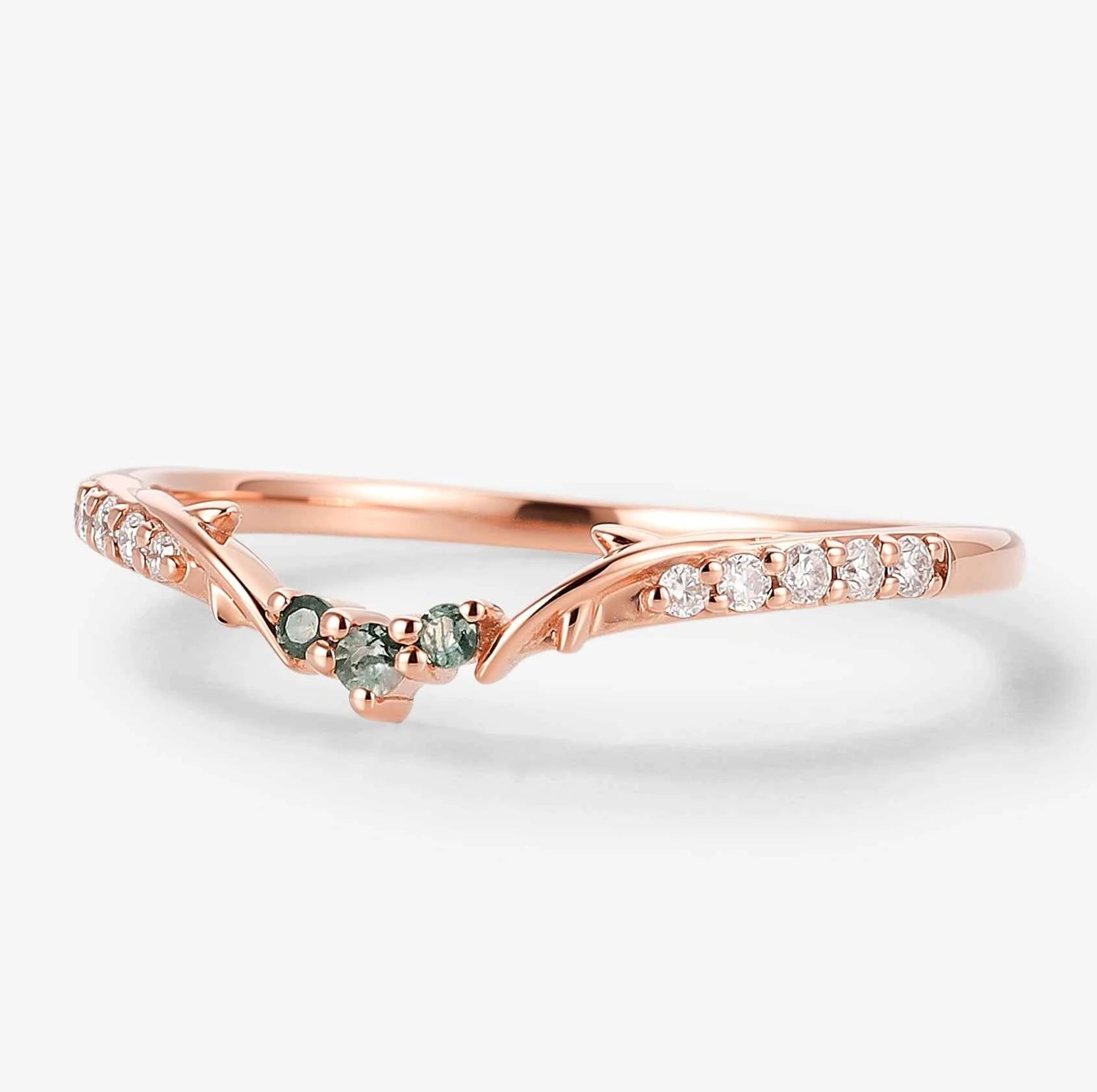 Vine Inspired Moss Agate and Round Moissanite Wedding Band