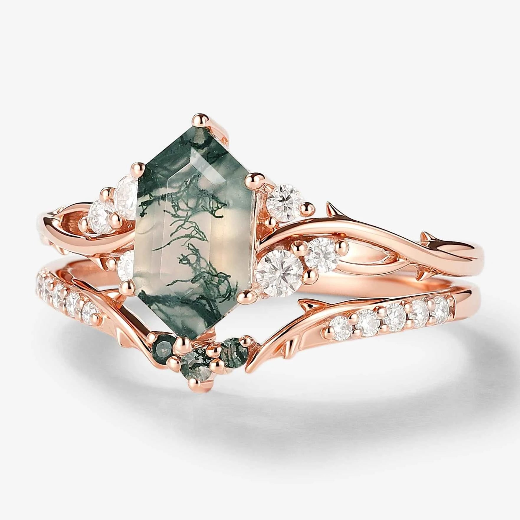 Vine-Inspired Hexagon Cut Moss Agate Engagement Ring with Wedding Band 2Pcs Set