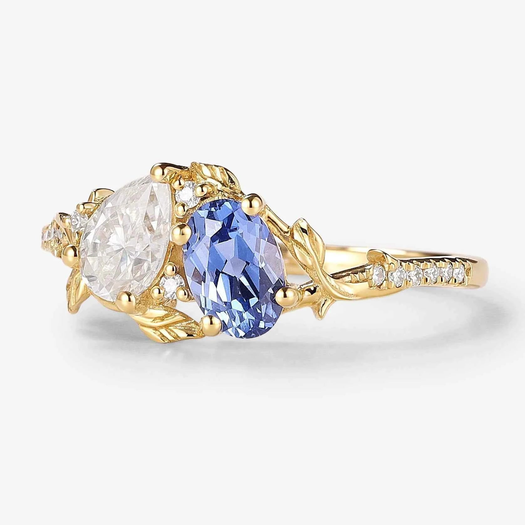Nature-Inspired Leaf 2 Stone Ring Pear & Oval Cut Engagement Ring