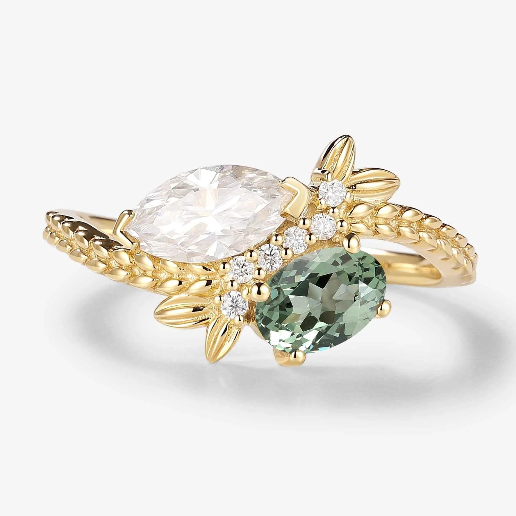 Natural Inspired Toi et Moi 2 Stone Ring Marquise Moissanite & Oval Green Sapphire Engagement Ring