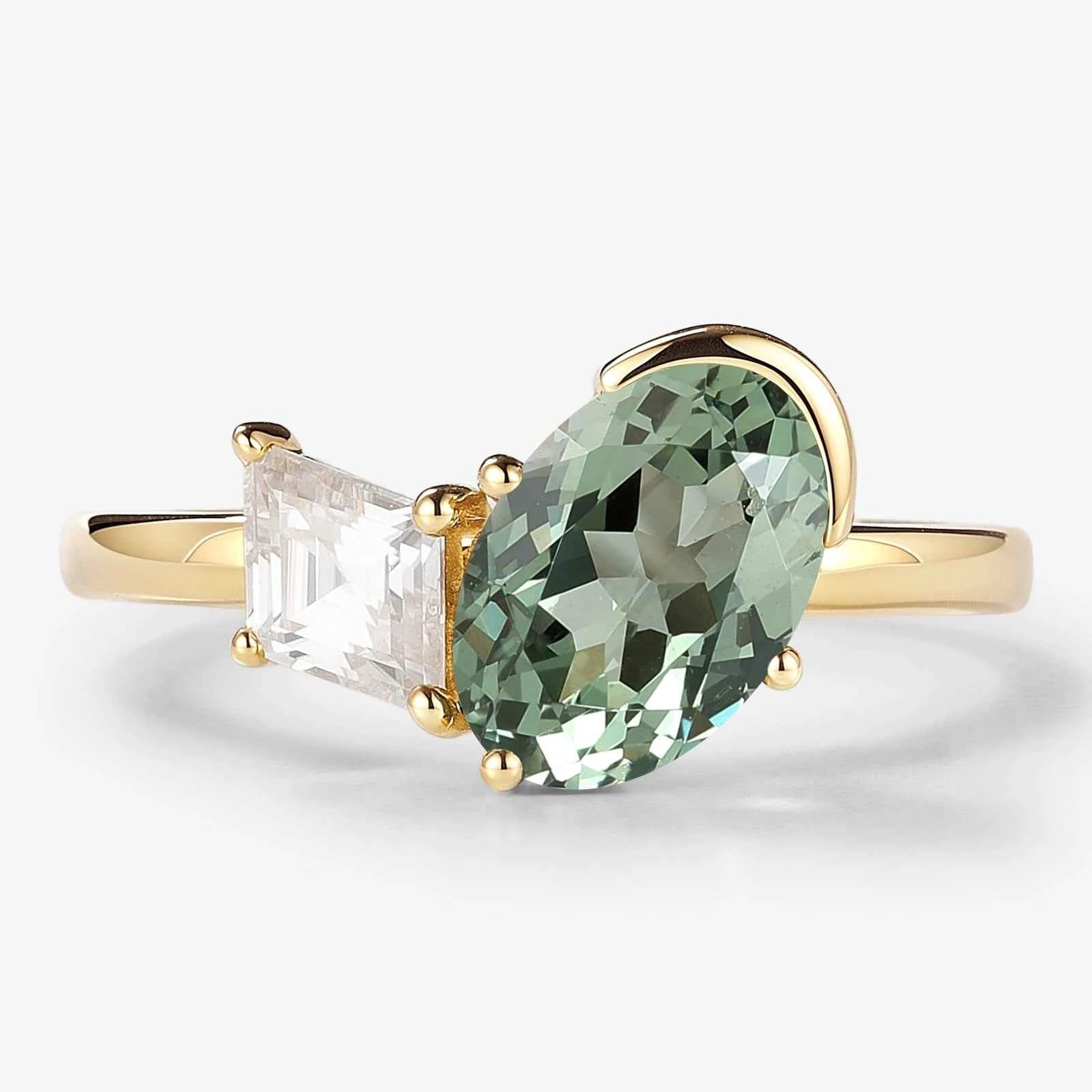 Art Deco Inspired Double-Stone Ring Oval Green Sapphire & Kite Moissanite Engagement Ring