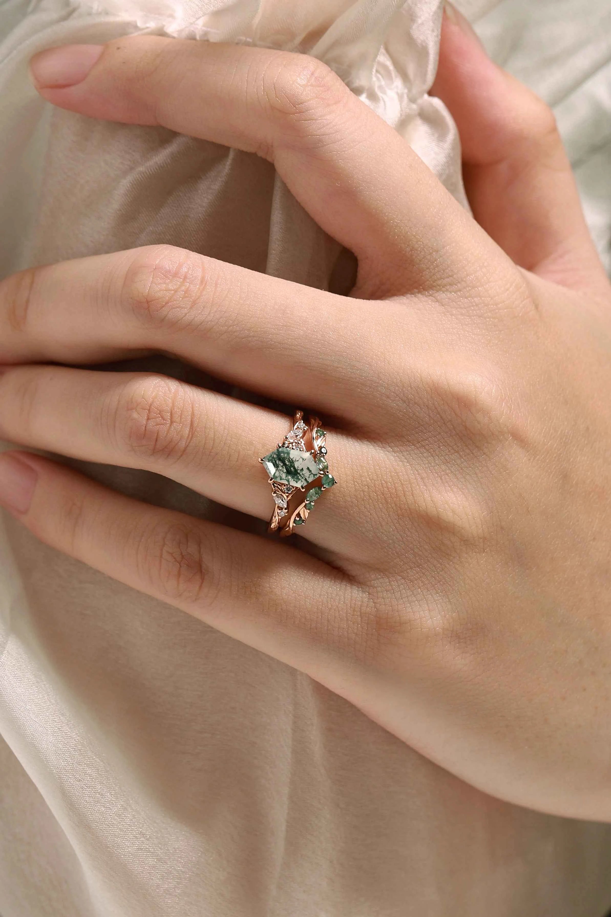 Leaf Inspired Hexagon Cut Moss Agate Engagement Ring Set