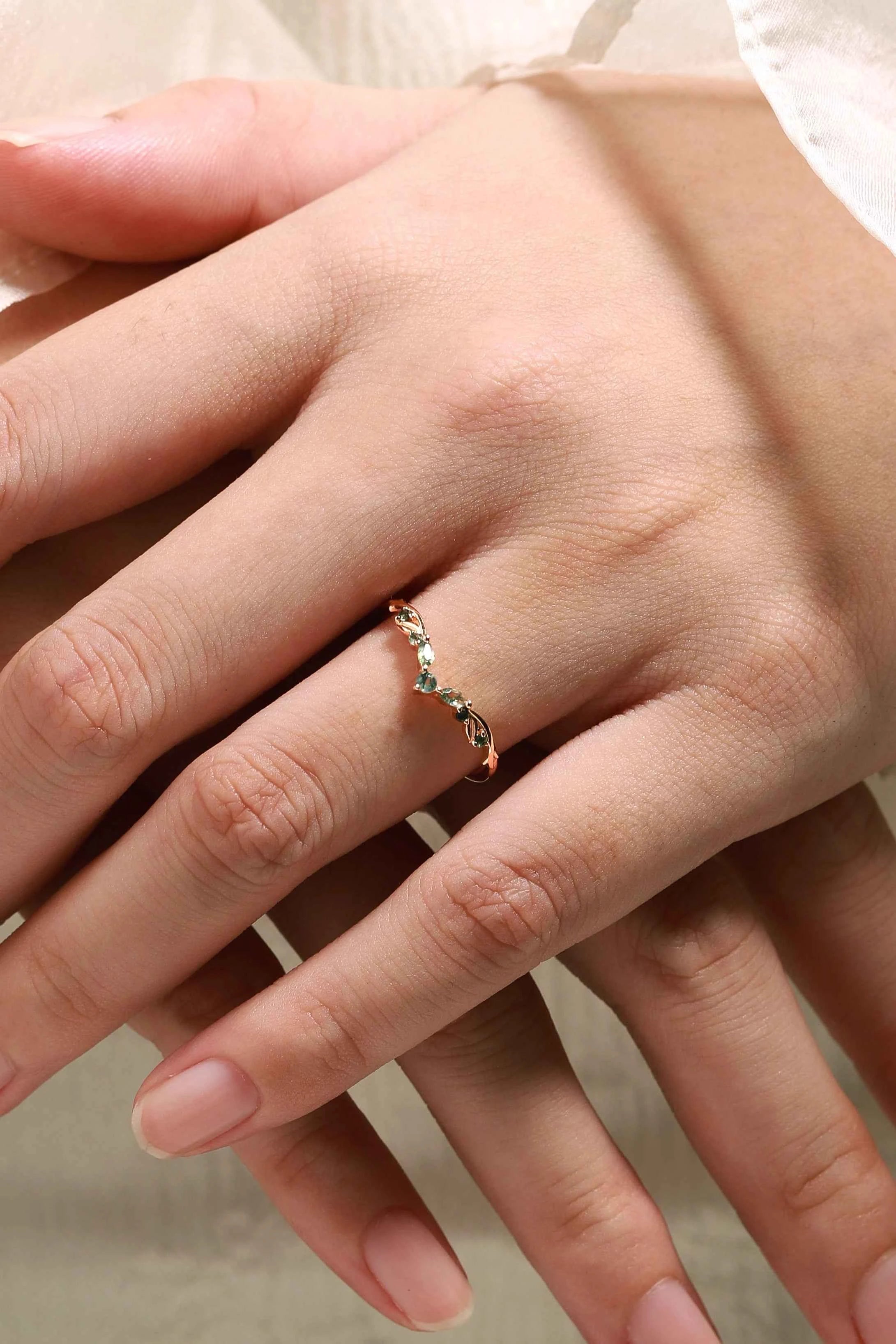 Nature-Inspired Moss Agate Chevron Wedding Band