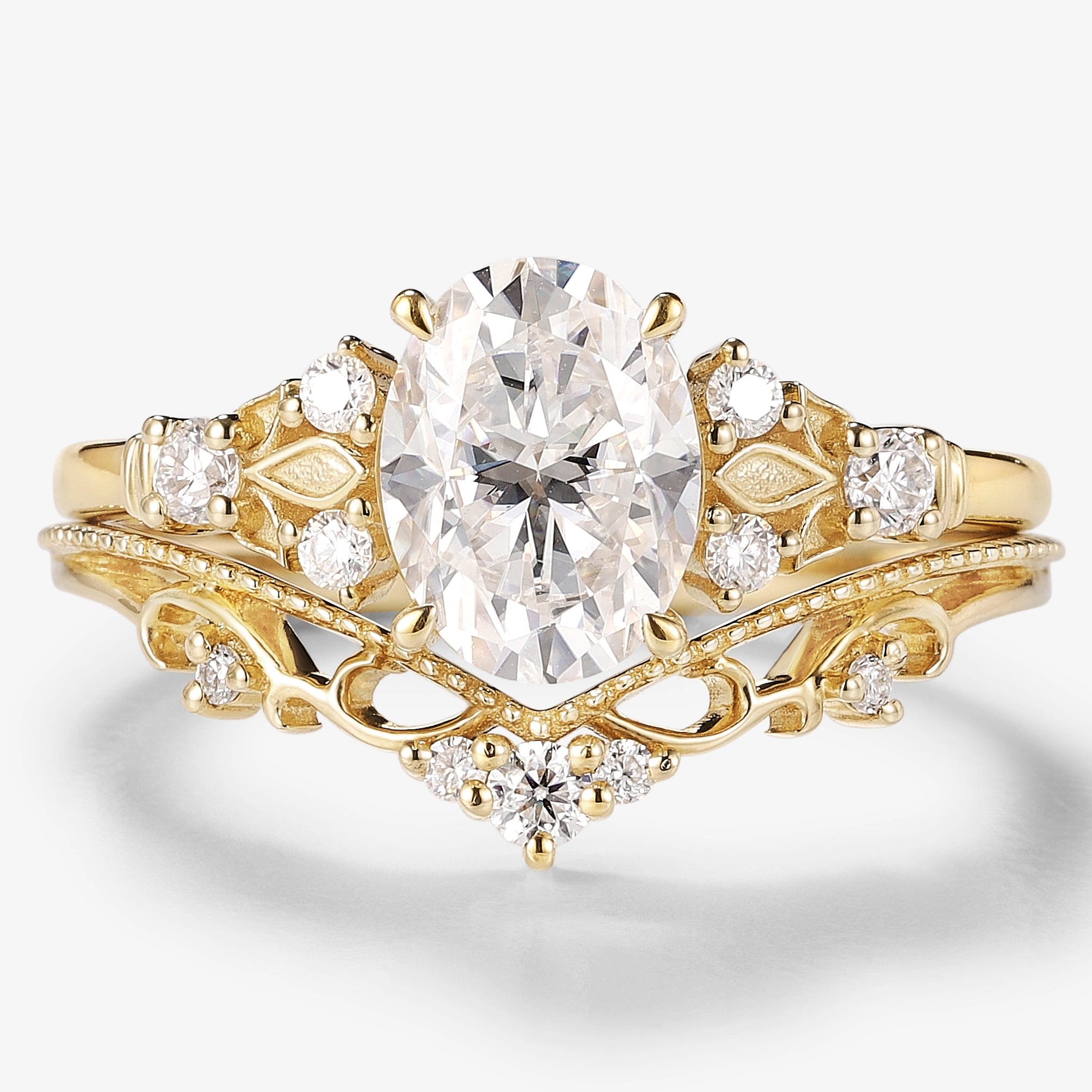 Oval Moissanite Engagement Ring Curved Wedding Band 2pcs - Lahela Jewelry