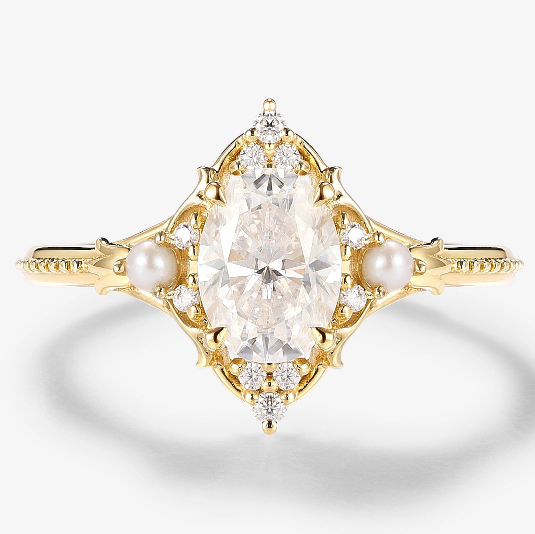 Signature Vintage Moissanite Engagement Ring With Pearl - Lahela Jewelry