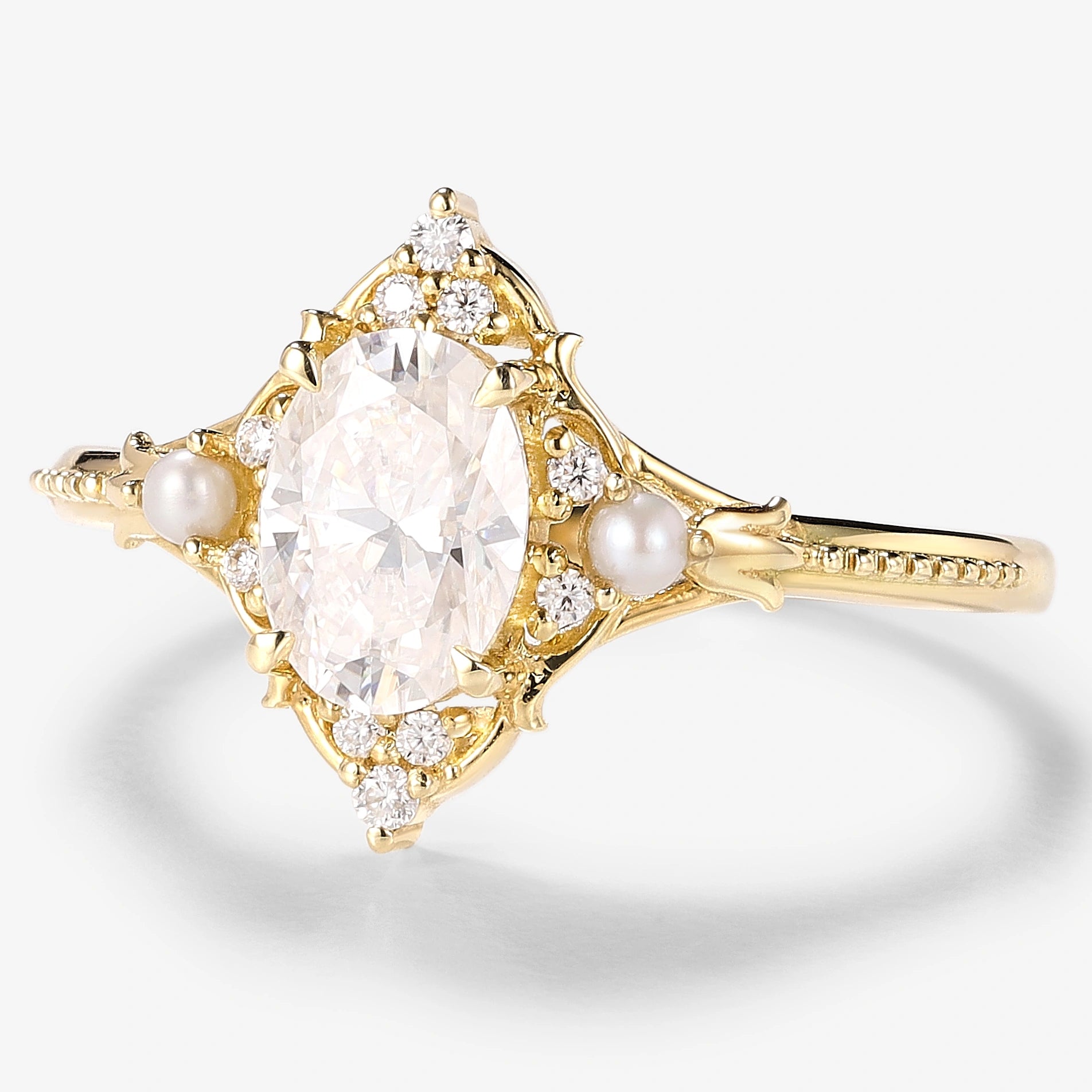 Signature Vintage Moissanite Engagement Ring With Pearl - Lahela Jewelry