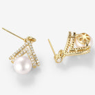 Gold pearl earrings set with diamond accents, Lahela Jewelry