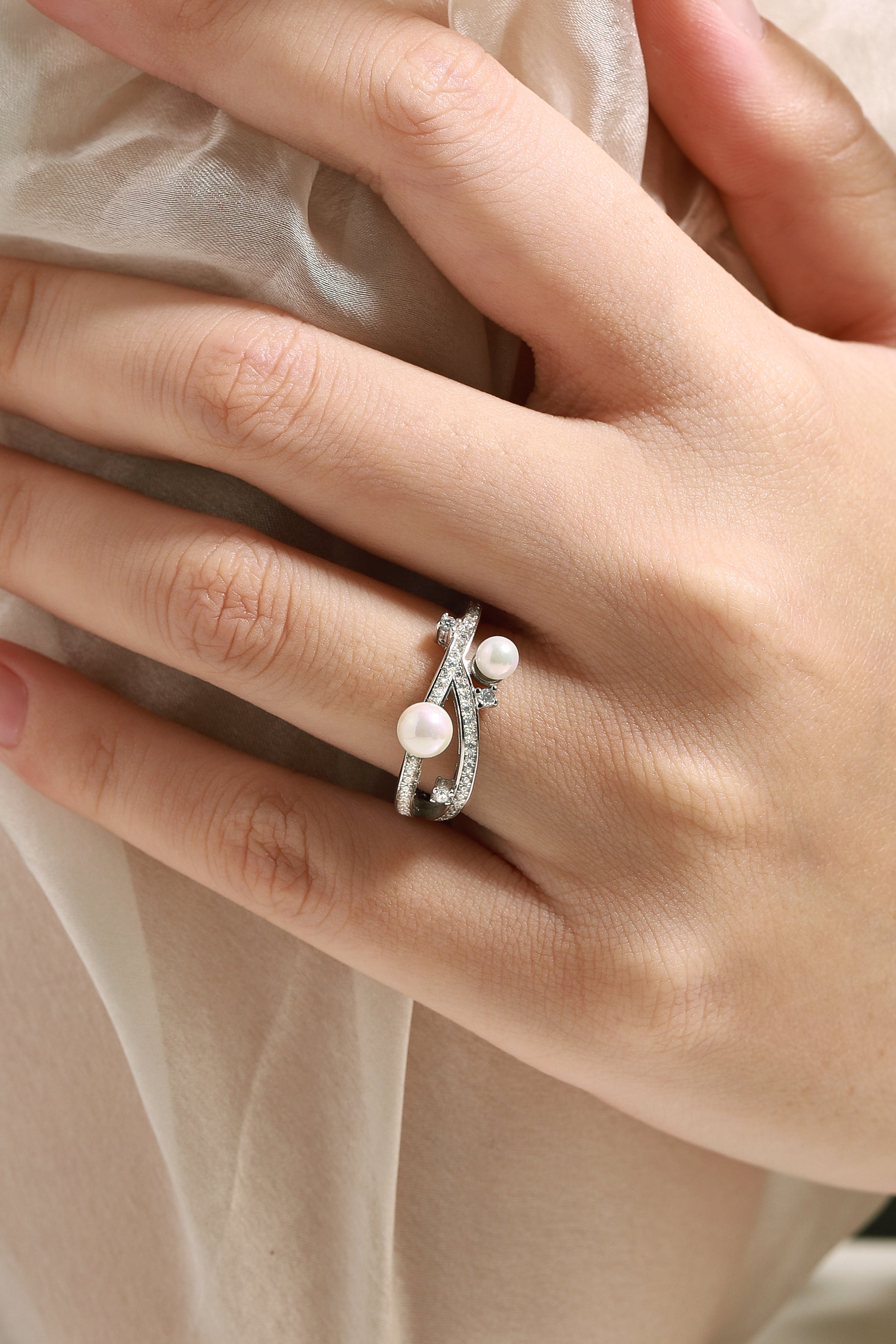 Gemini Zodiac Pearl Engagement Ring, Two Pearls and Moissanite Accents