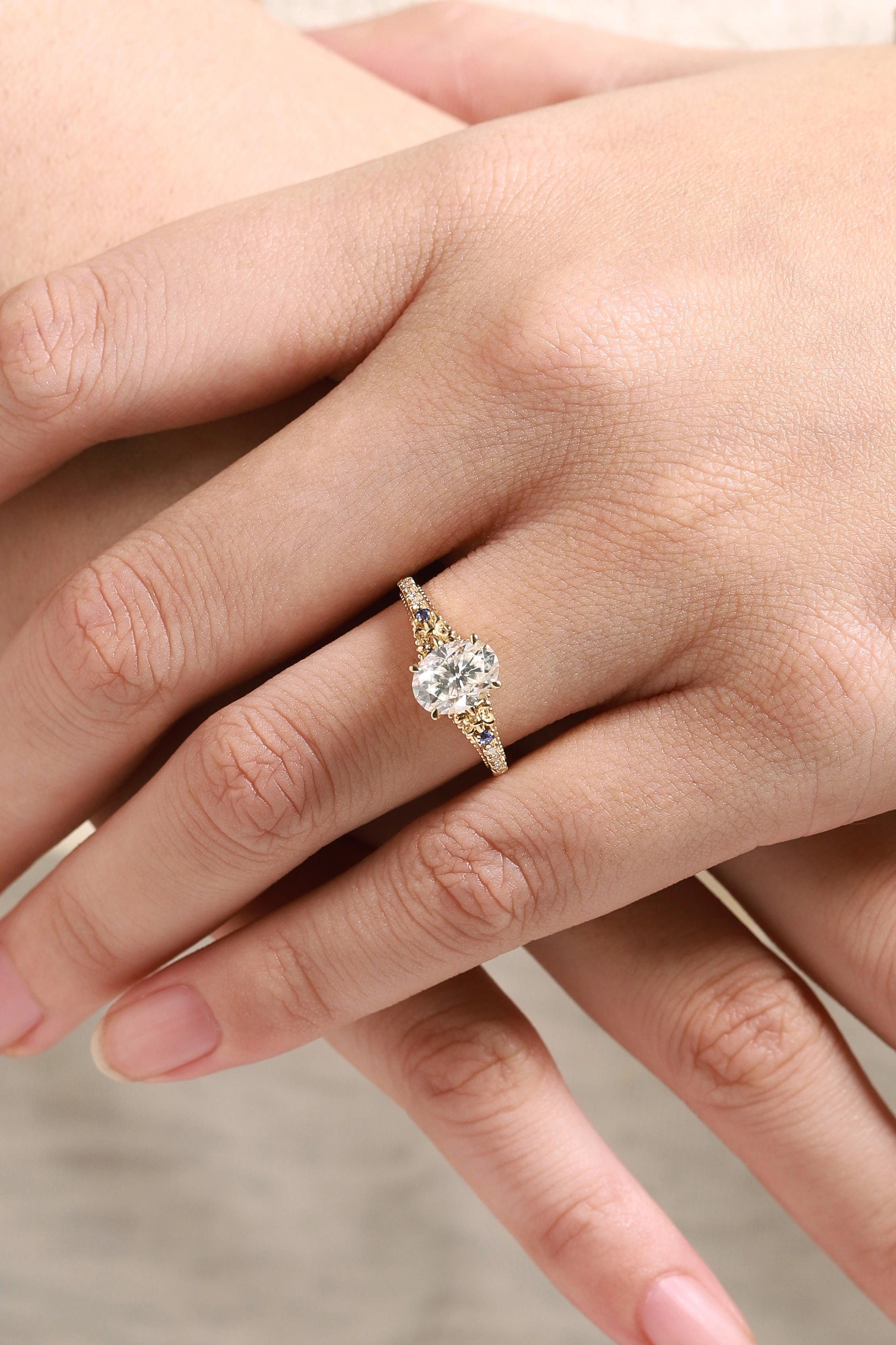 Vintage Victorian Oval Cut Moissanite Engagement Ring - Lahela Jewelry