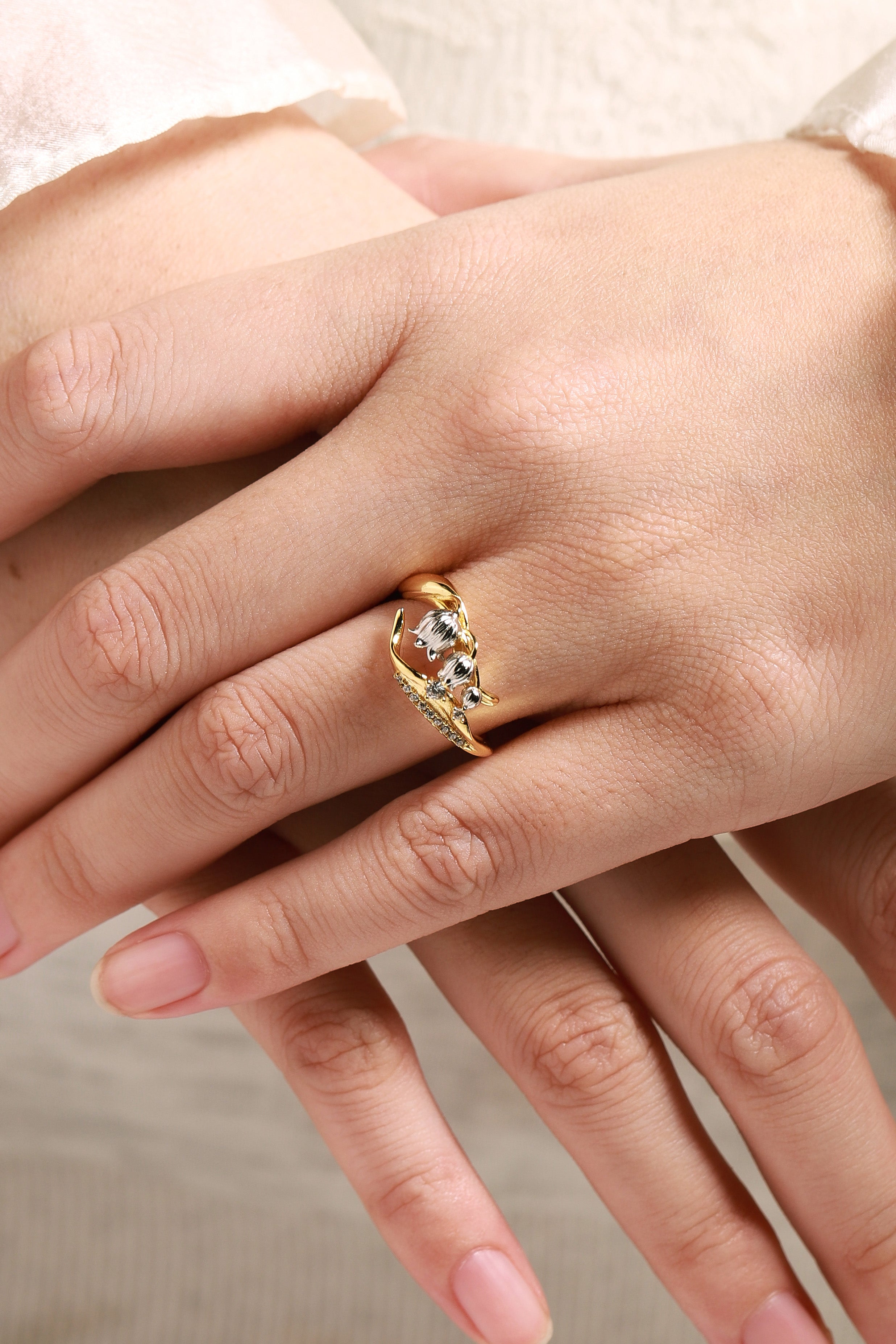 Lily of the Valley engagement ring, moissanite, gold