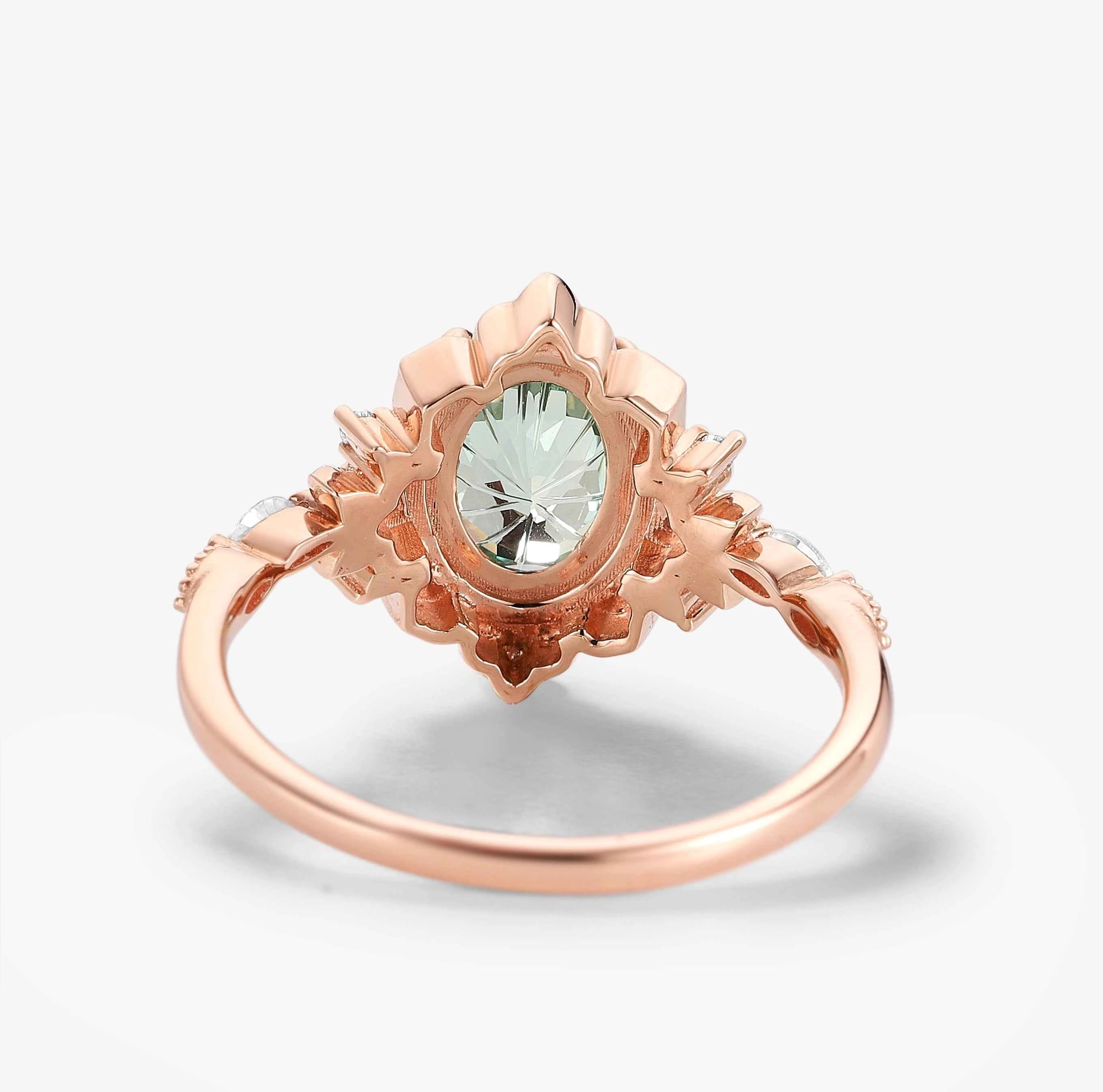 Oval Green Sapphire Nature-Inspired Leaf Vintage Halo Engagement Ring