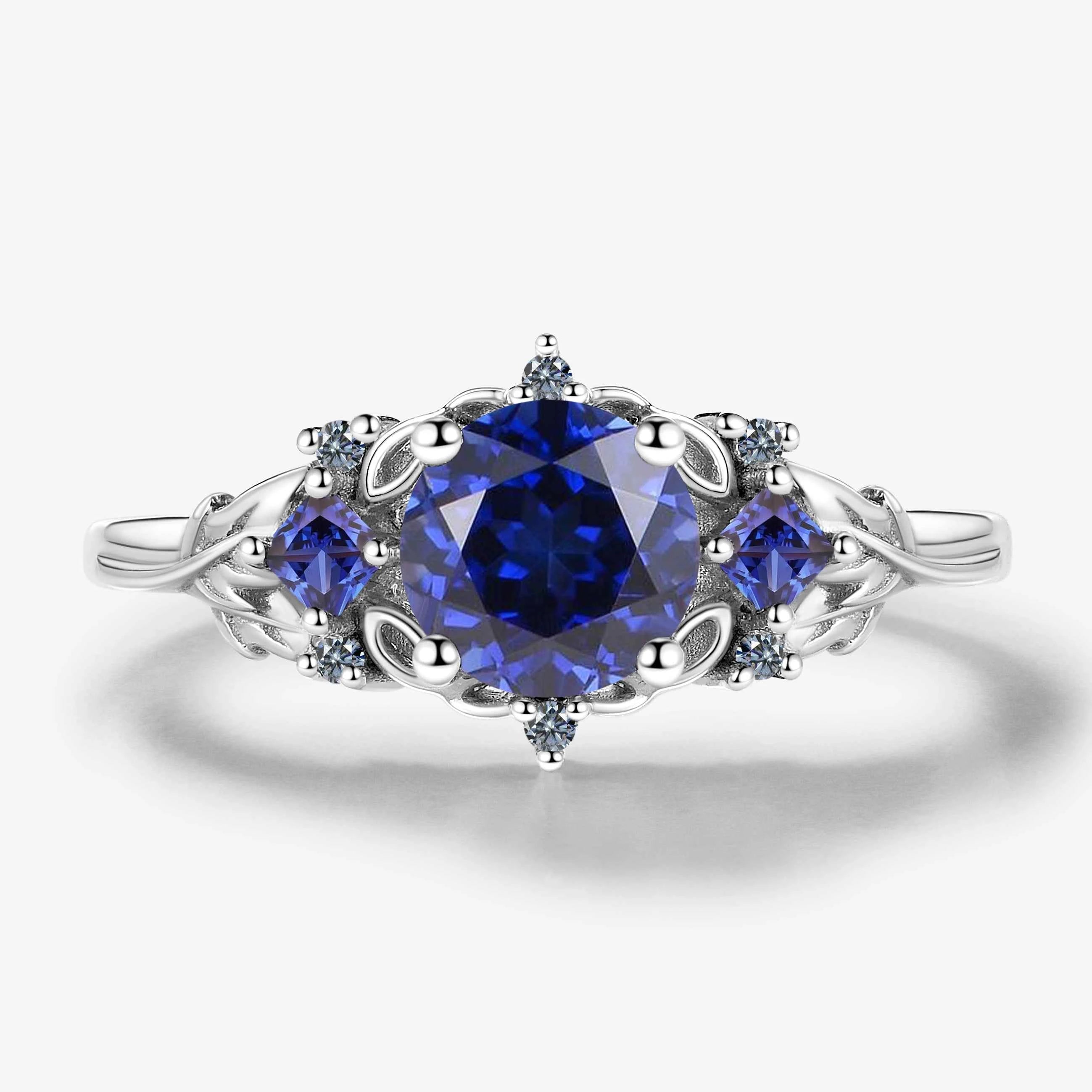 Vintage Leaf Stackable Round Sapphire Engagement Ring