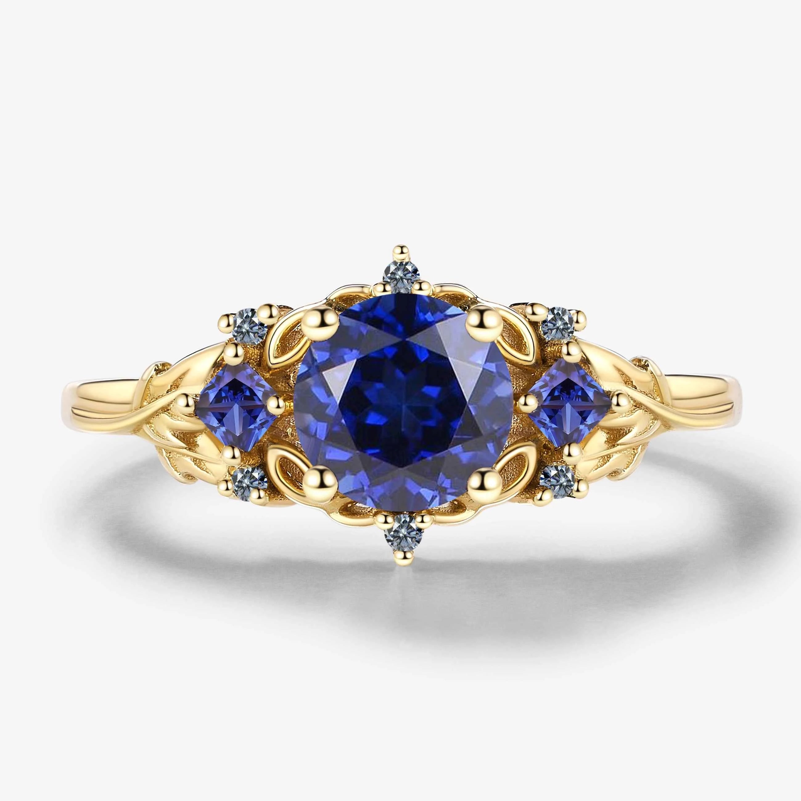 Vintage Leaf Stackable Round Sapphire Engagement Ring