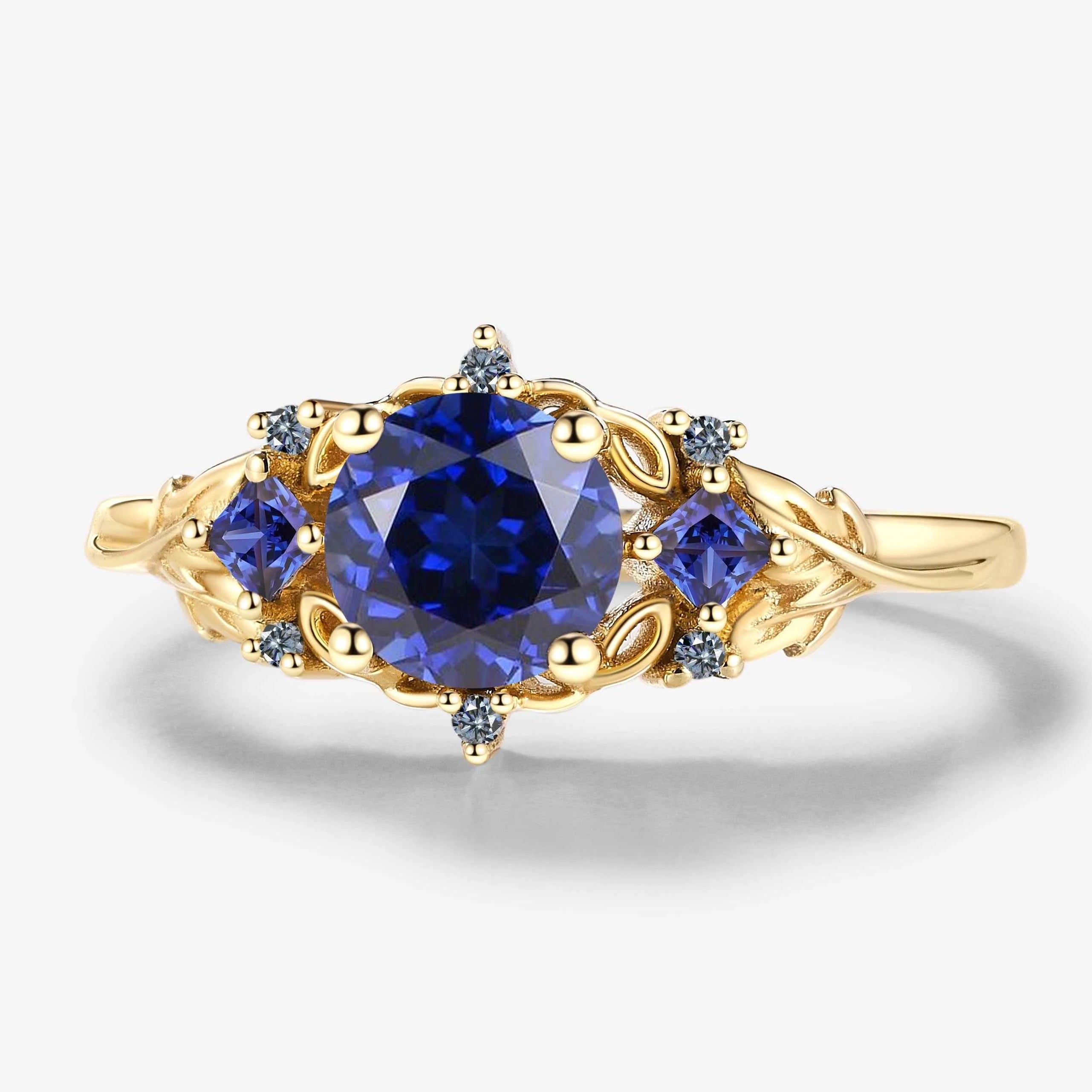 Vintage Leaf Stackable Round Sapphire Engagement Ring