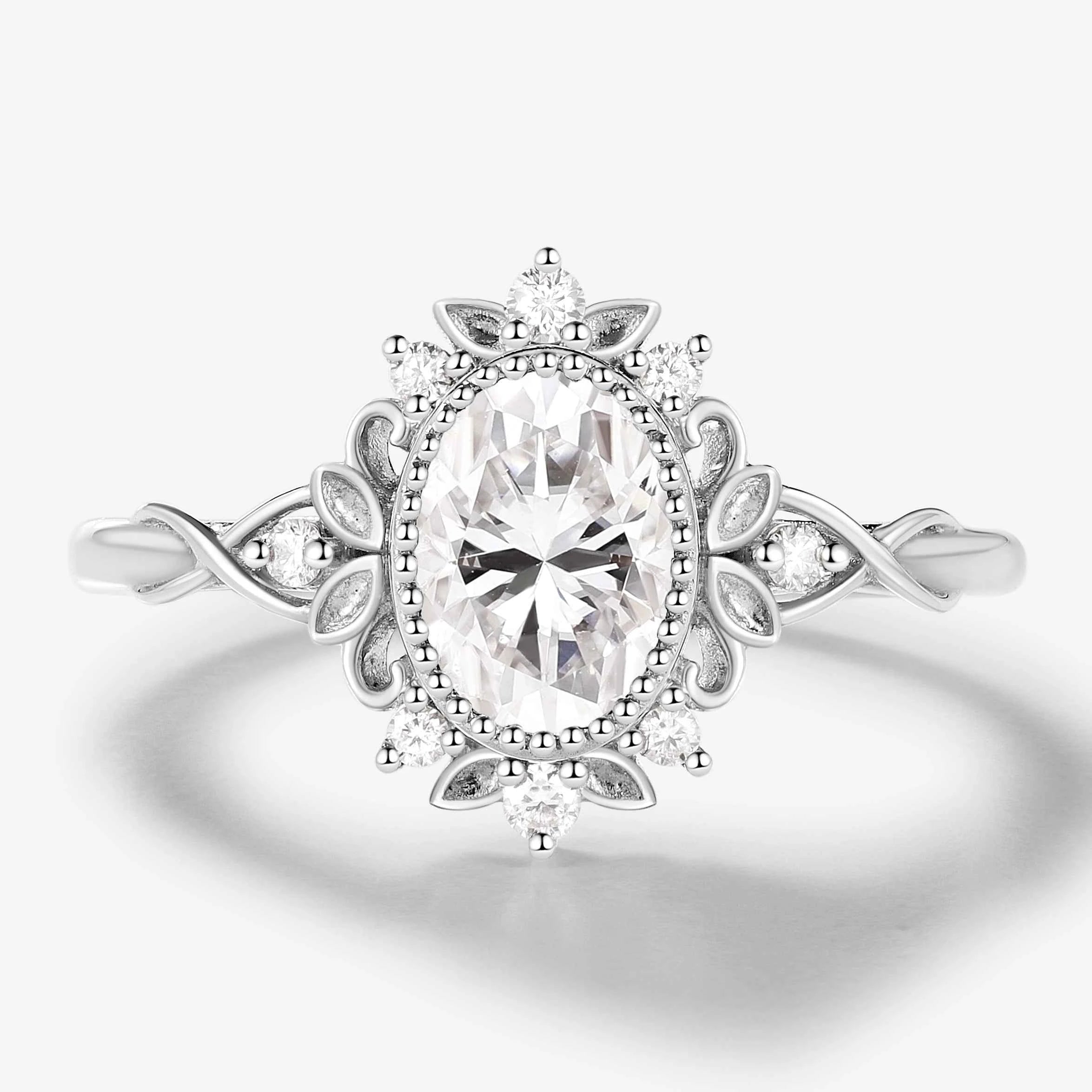 Vintage Leaf-Accented Oval-Cut Moissanite Engagement Ring
