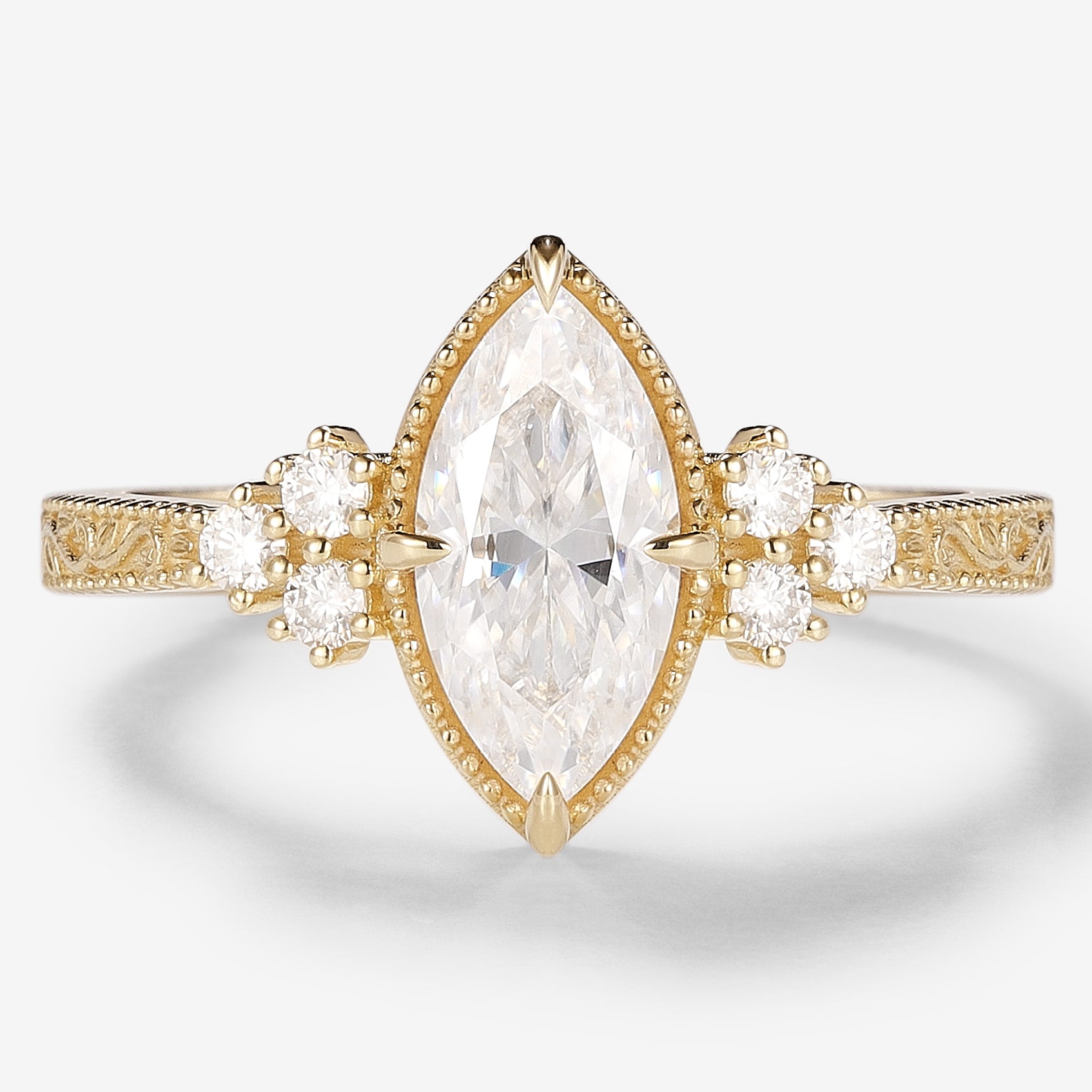 Vintage Marquise Cut Moissanite Engagement Ring with Victorian Details, 14k Gold