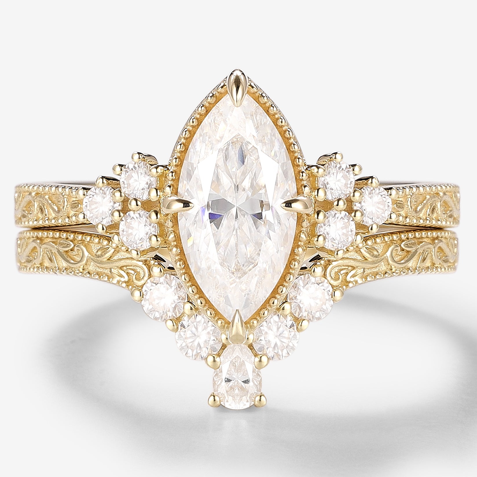 Vintage moissanite engagement ring set, marquise cut center stone, yellow gold, Victorian style, bridal set.