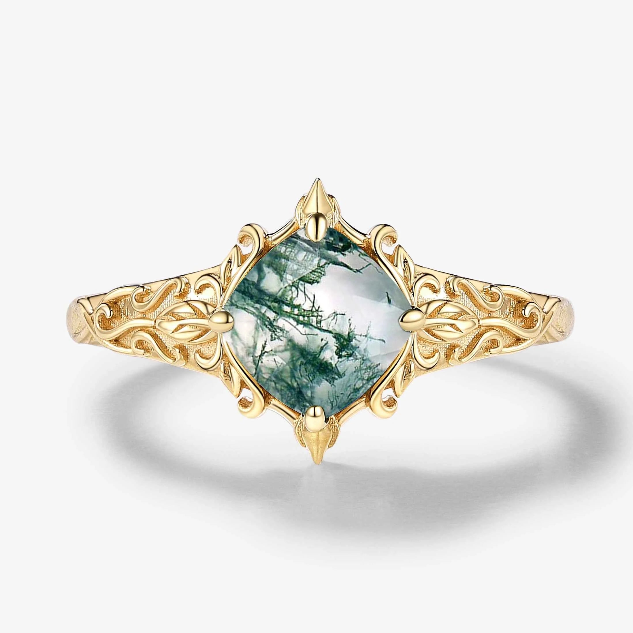 Classical Outline Leaf Inspired Cushion Cut Moss Agate Engagement Ring
