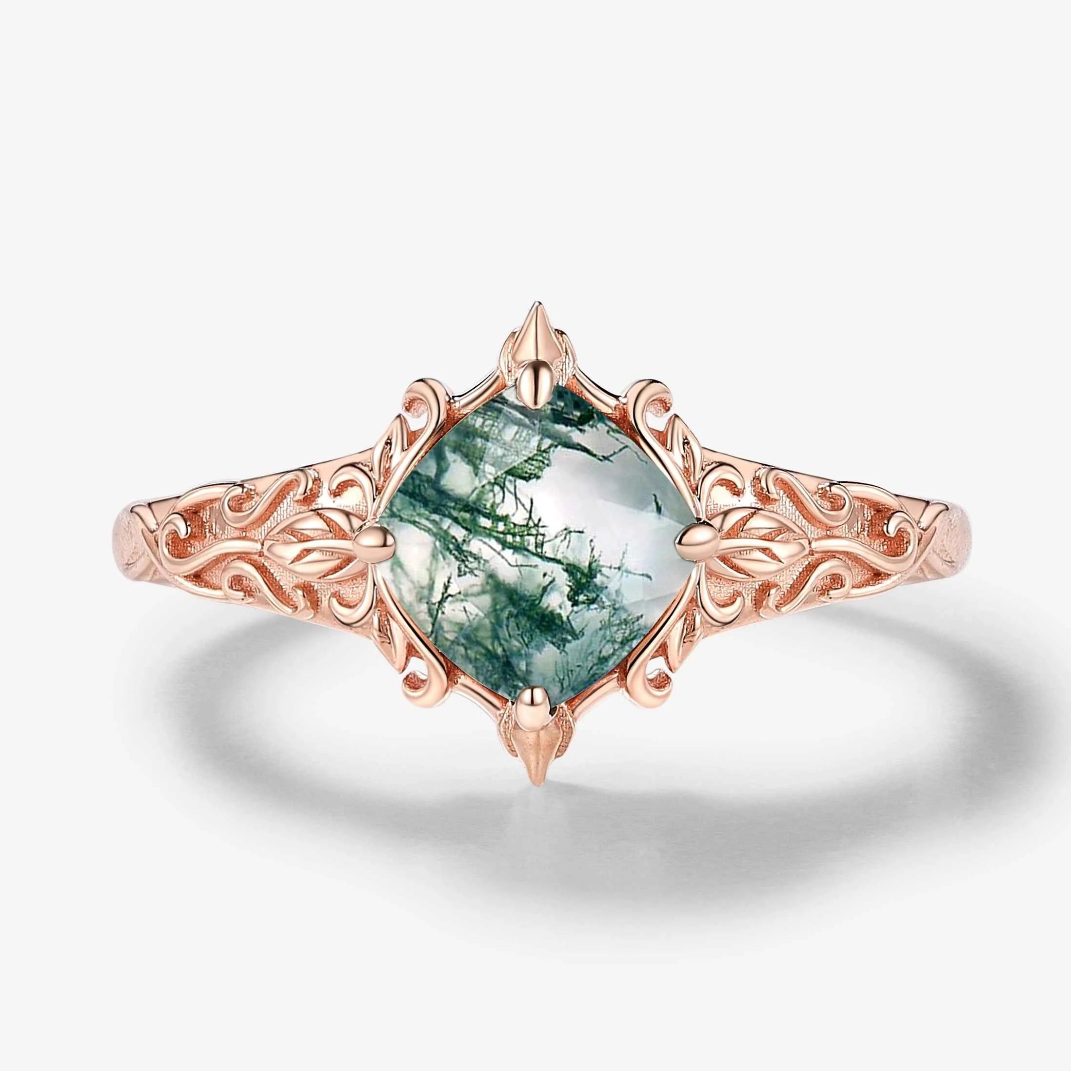 Classical Outline Leaf Inspired Cushion Cut Moss Agate Engagement Ring