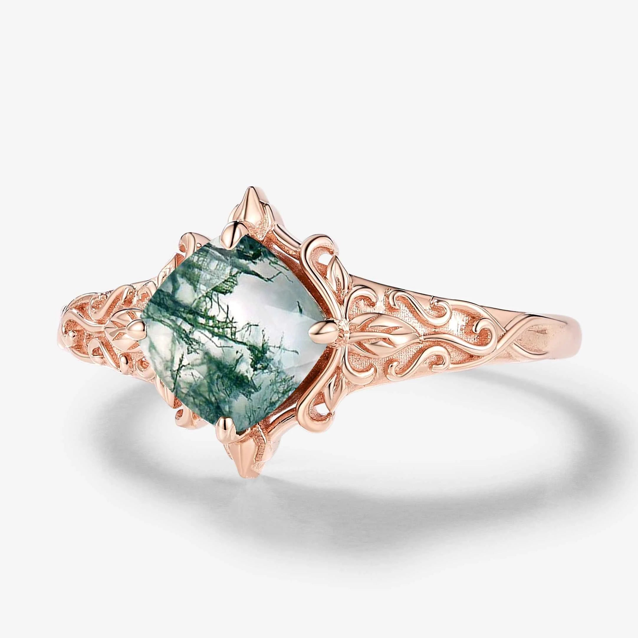 Classical Outline Leaf Inspired Cushion Cut Moss Agate Engagement Ring