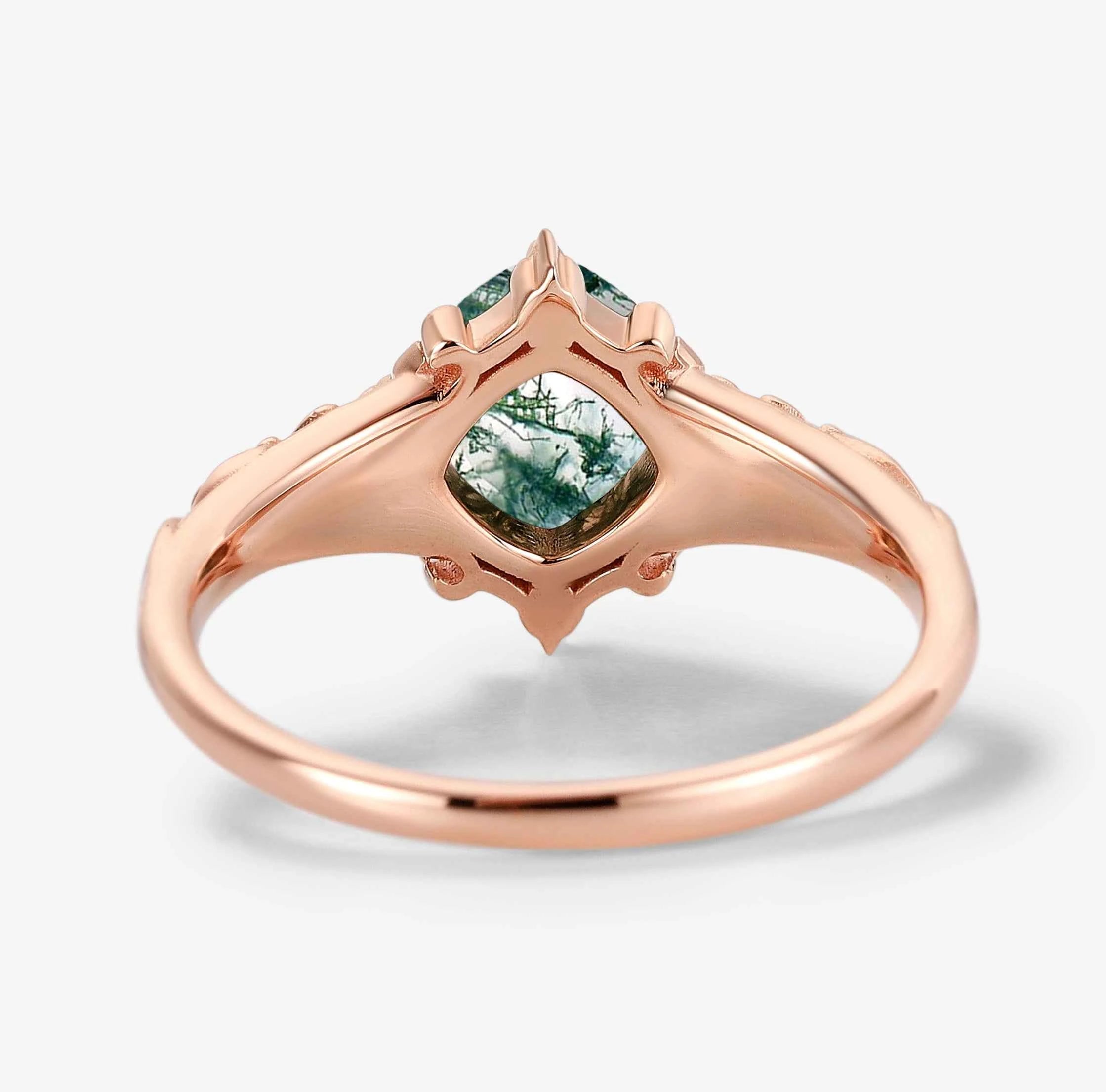 Classical Outline Leaf Inspired Cushion Cut Moss Agate Engagement Ring