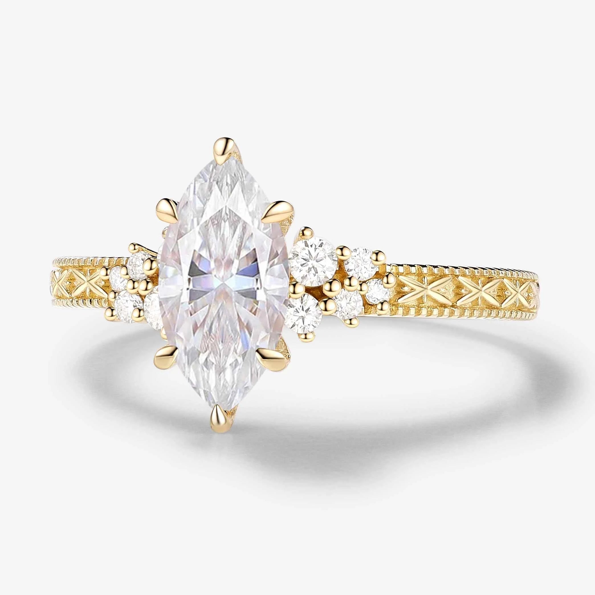 Vintage-inspired Relief Carving Marquise Cut Moissanite Engagement Ring
