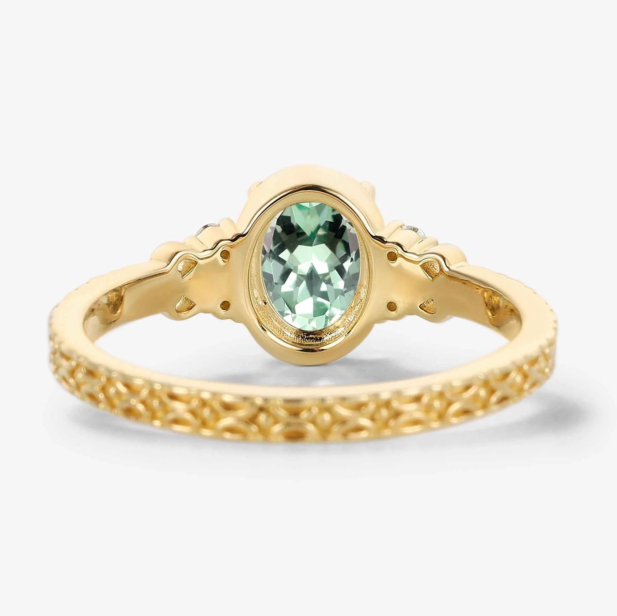 Vintage Engraved Green Sapphire Bezel Engagement Ring