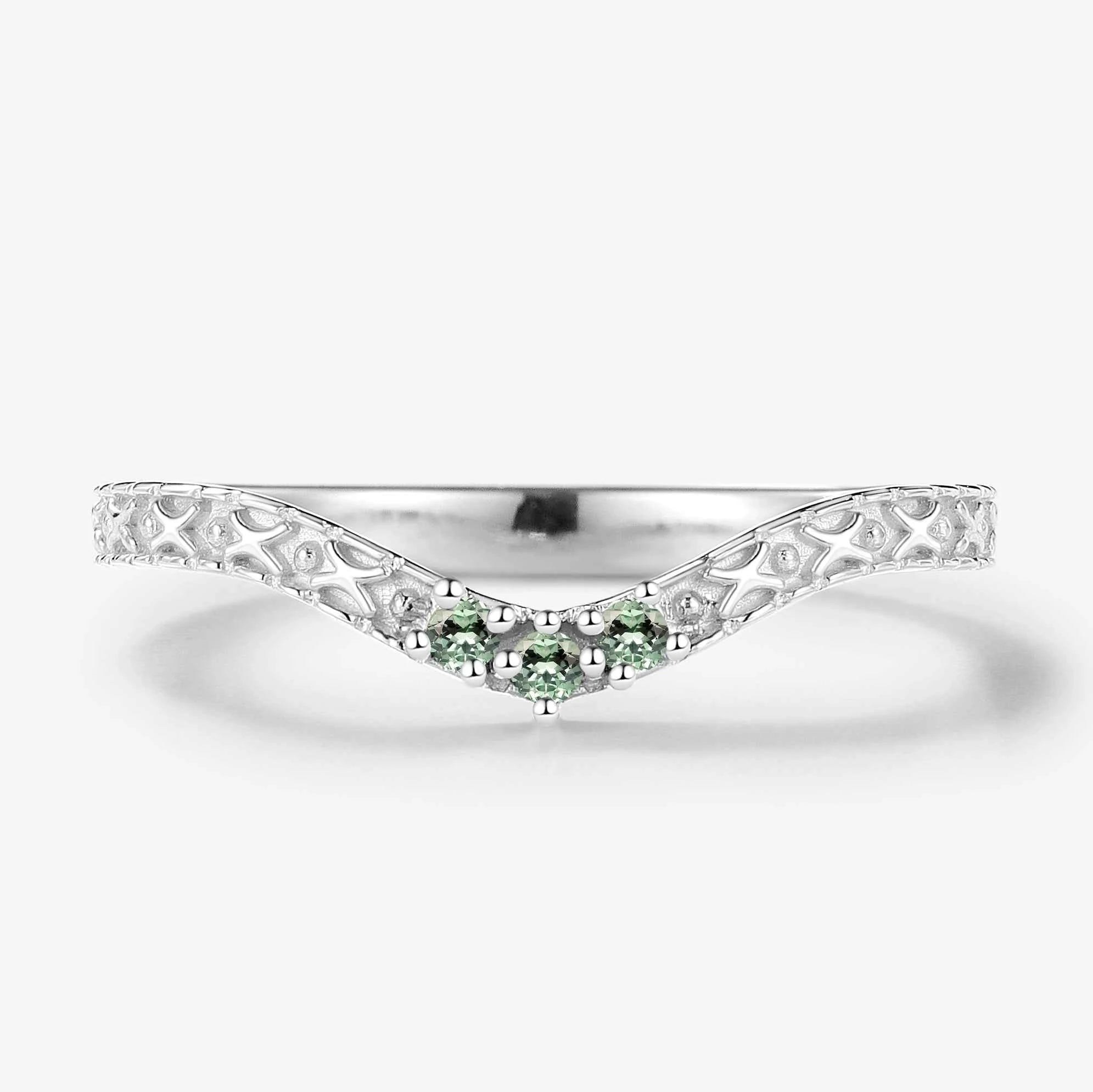 Vintage Engraved Green Sapphire Curved Wedding Band