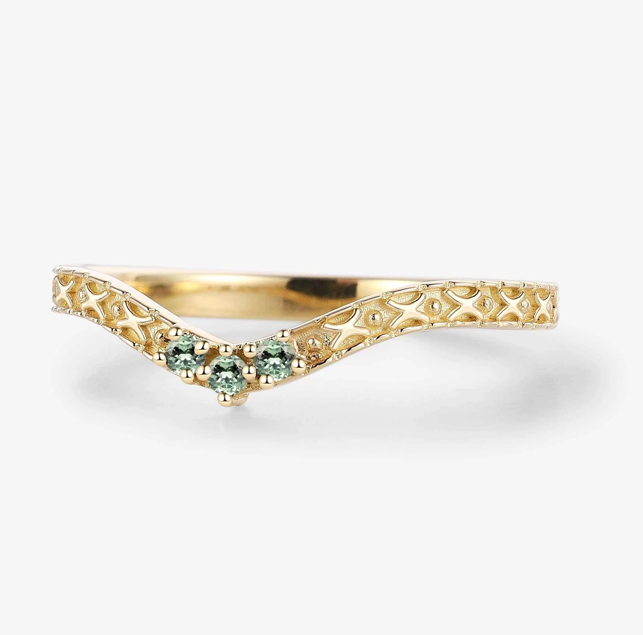 Vintage Engraved Green Sapphire Curved Wedding Band