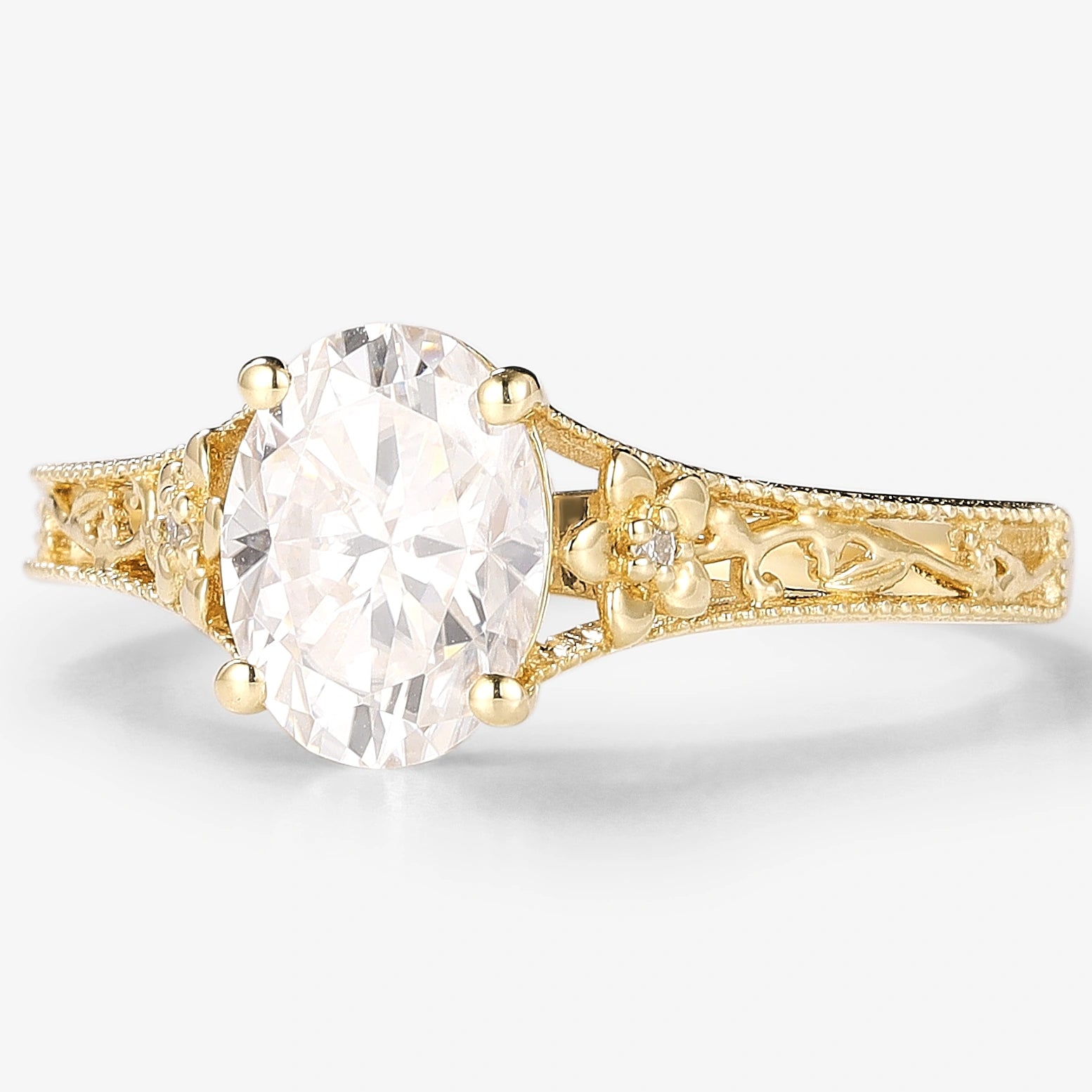 Vintage Oval Cut Moissanite Engagement Ring With Flower - Lahela Jewelry