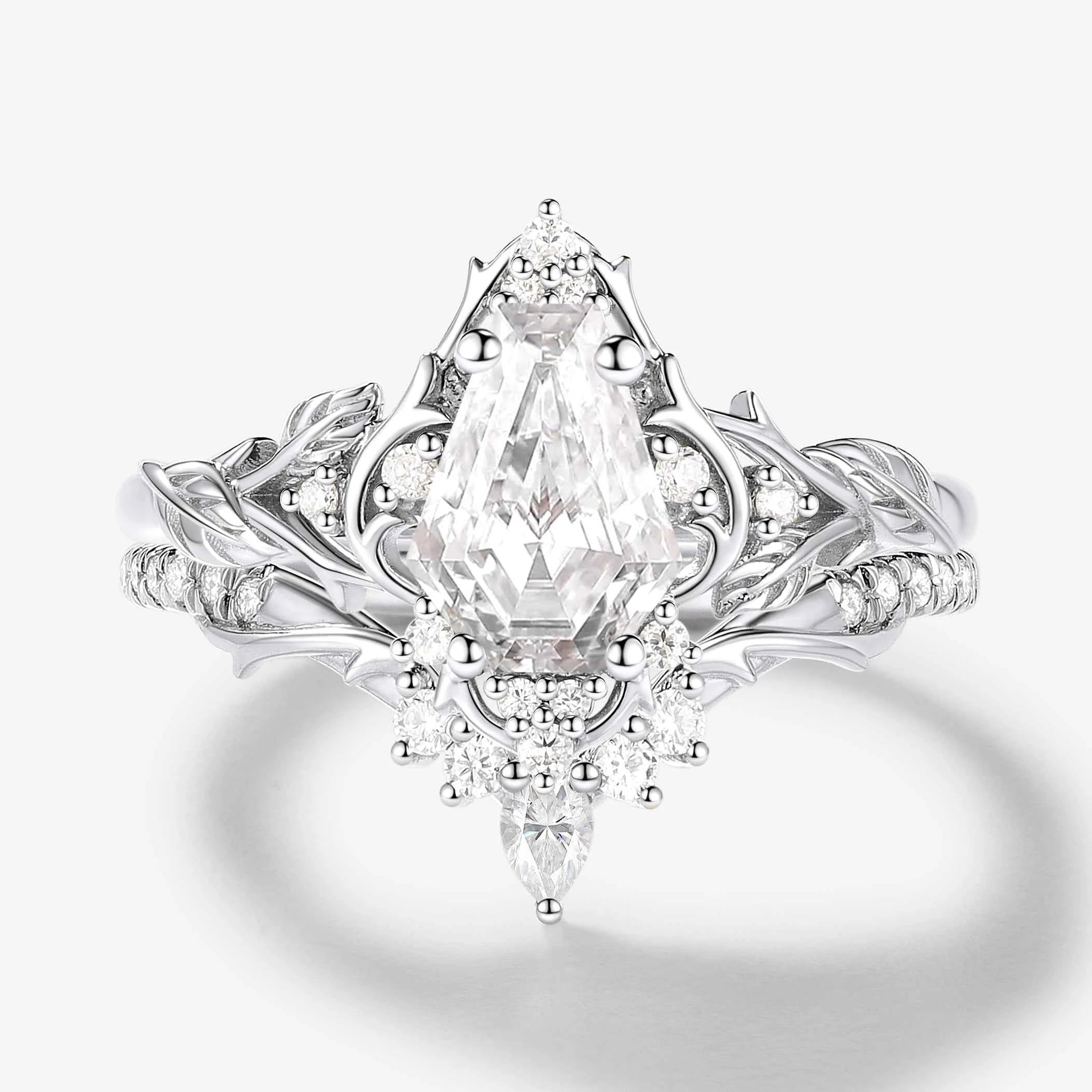 Nature-Inspired Coffin Cut Moissanite Thorn & Leaf Bridal Ring Set