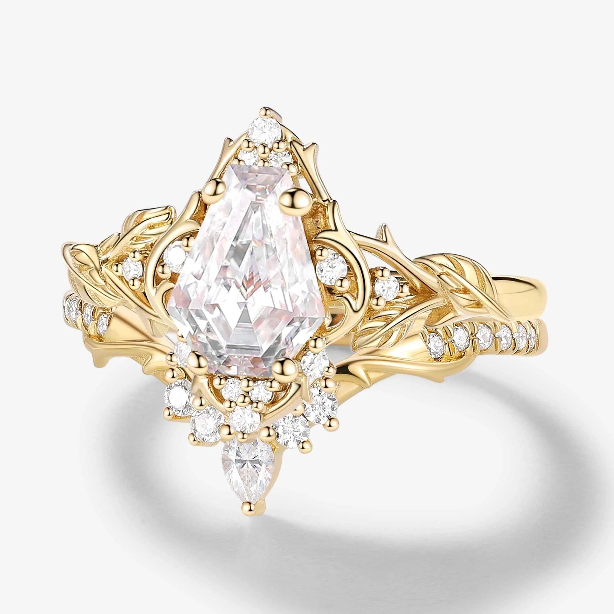 Nature-Inspired Coffin Cut Moissanite Thorn & Leaf Bridal Ring Set