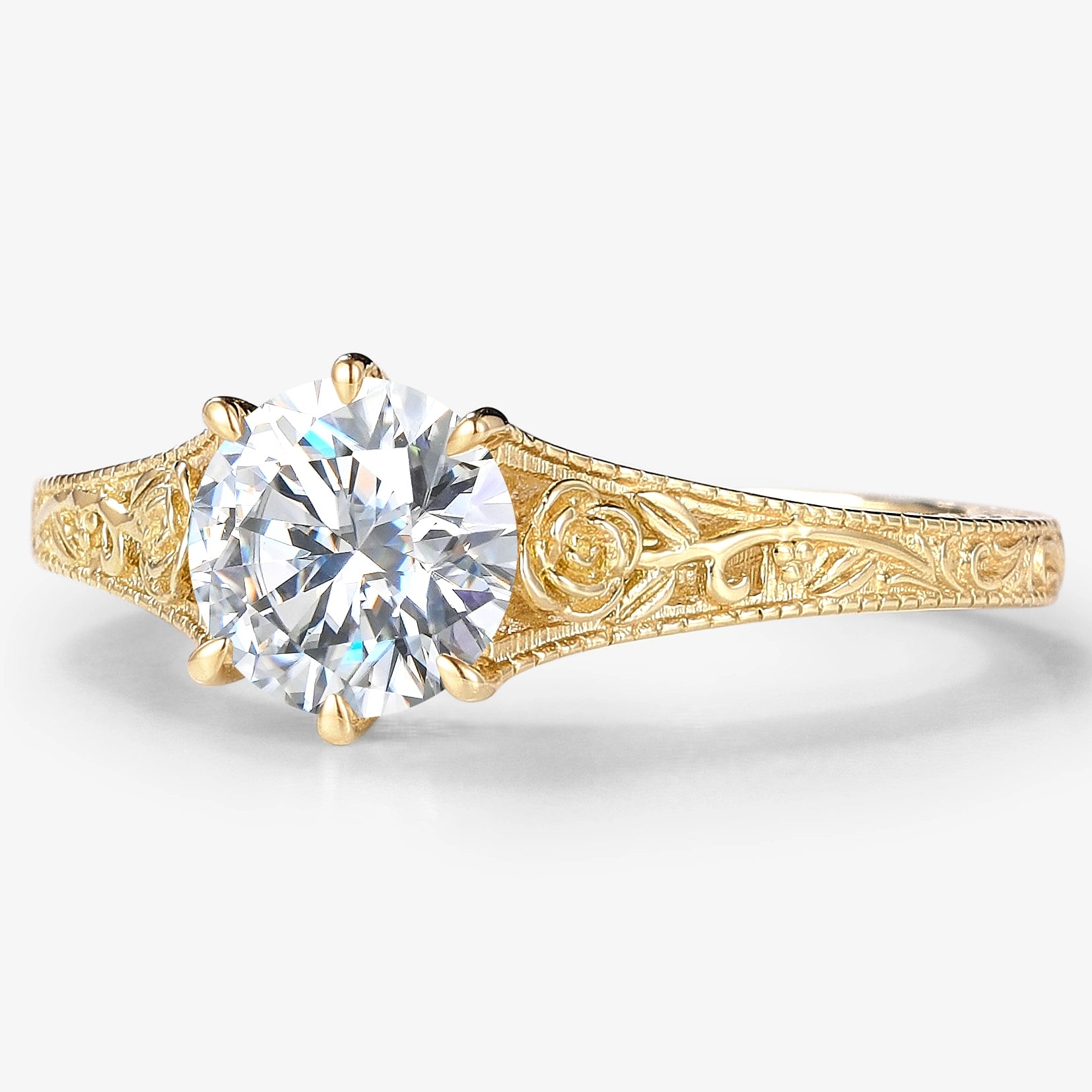 Round Cut Moissanite Vintage Engagement Ring With Rose - Lahela Jewelry