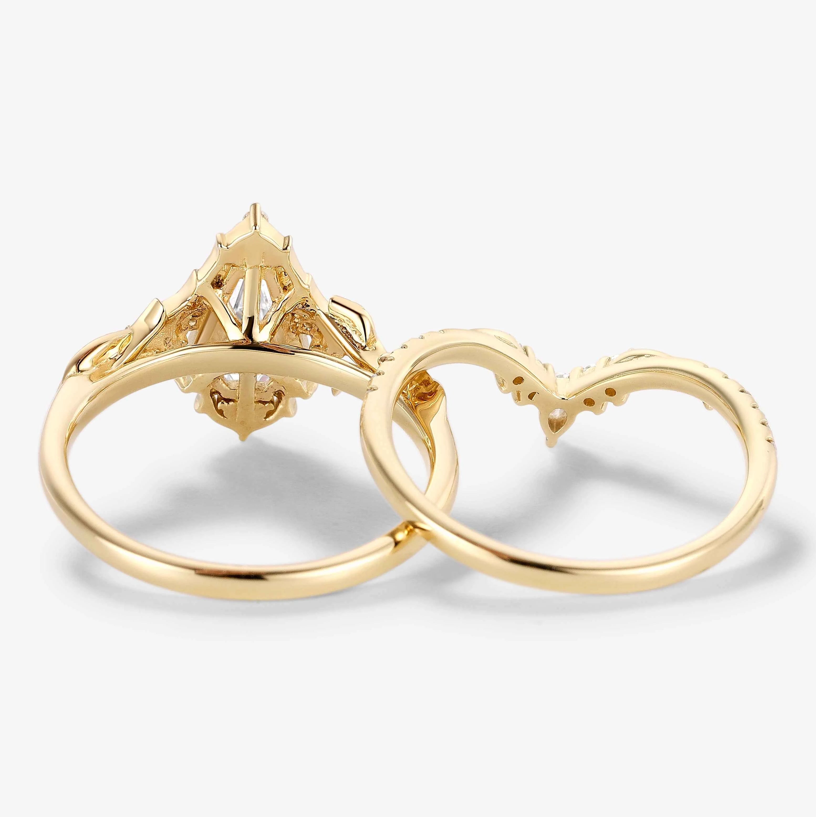 Nature-Inspired Coffin Cut Moissanite Thorn & Leaf Bridal Ring Set