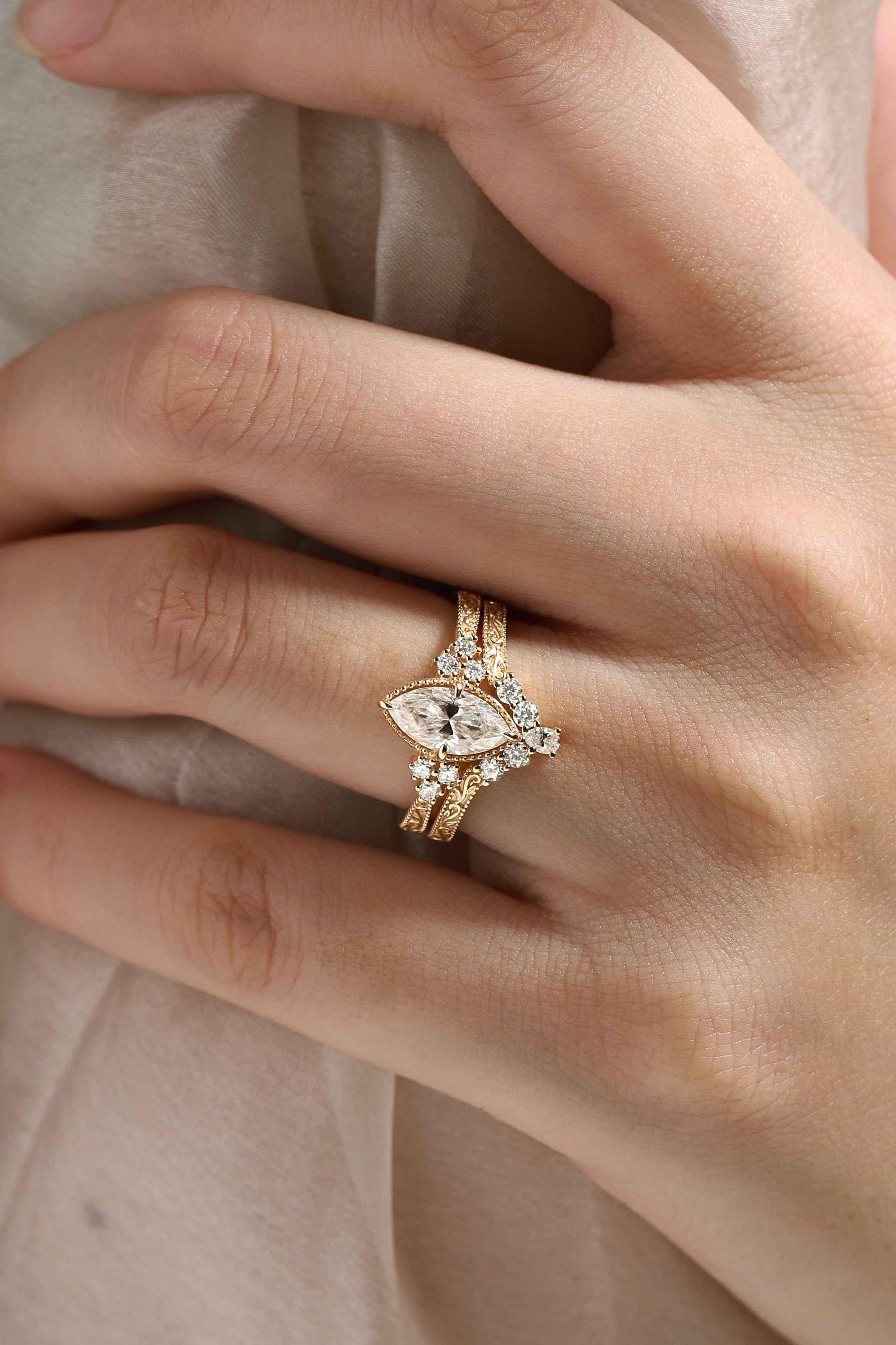 Marquise Cut 3ct Moissanite Vintage Victorian Style Ring Sets 2pcs