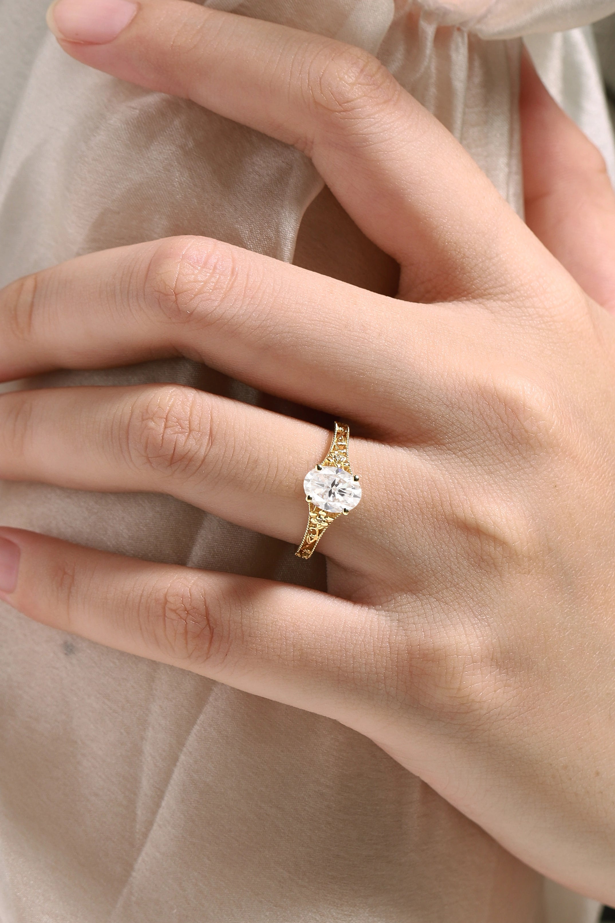 Vintage Victorian Oval Cut Moissanite Flora Engagement Ring - Lahela Jewelry