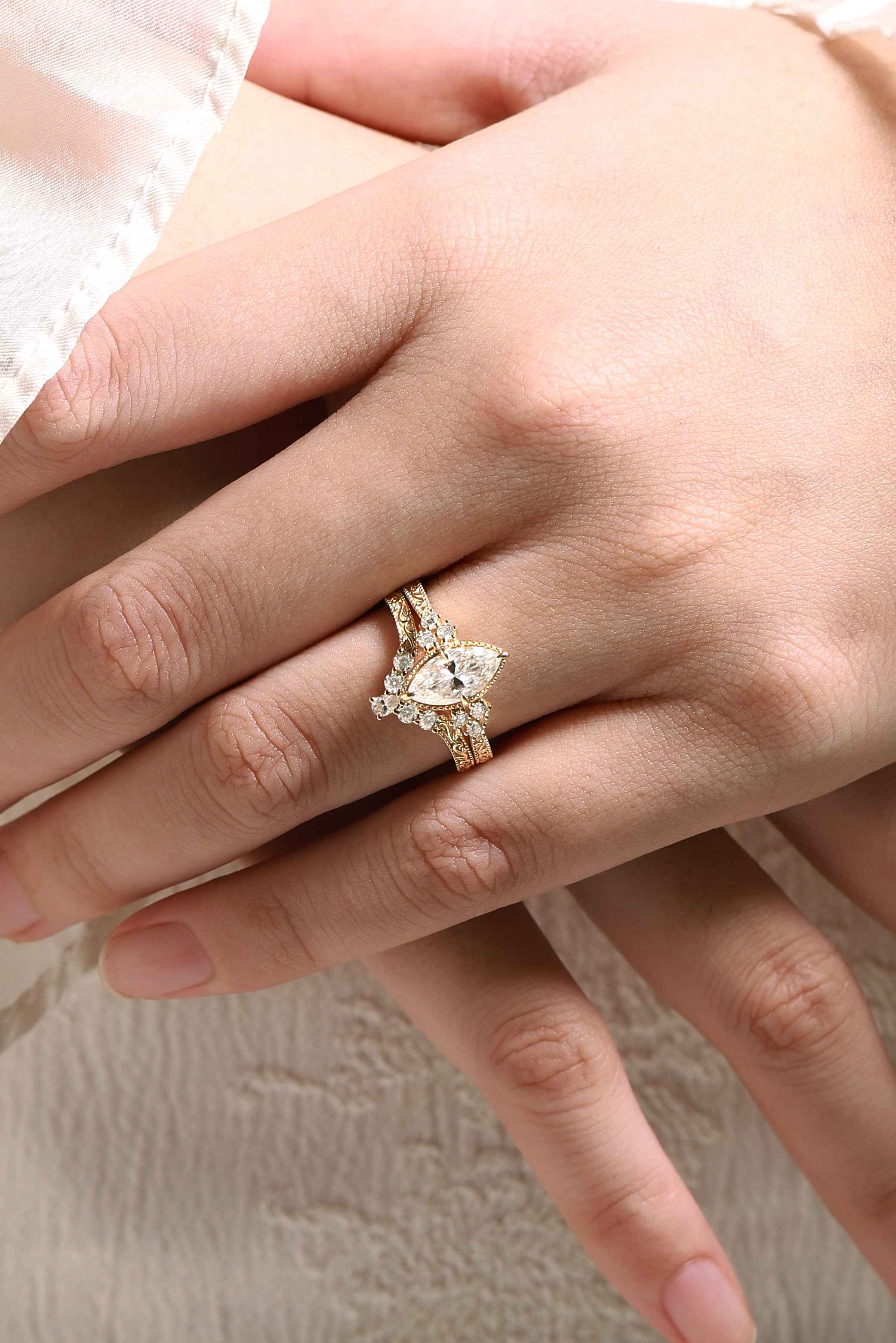 Marquise Cut 3ct Moissanite Vintage Victorian Style Ring Sets 2pcs