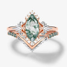 Leaf-Inspired Two-Tone  Marquise Cur Moss Agate Engagement Ring Set 2pcs