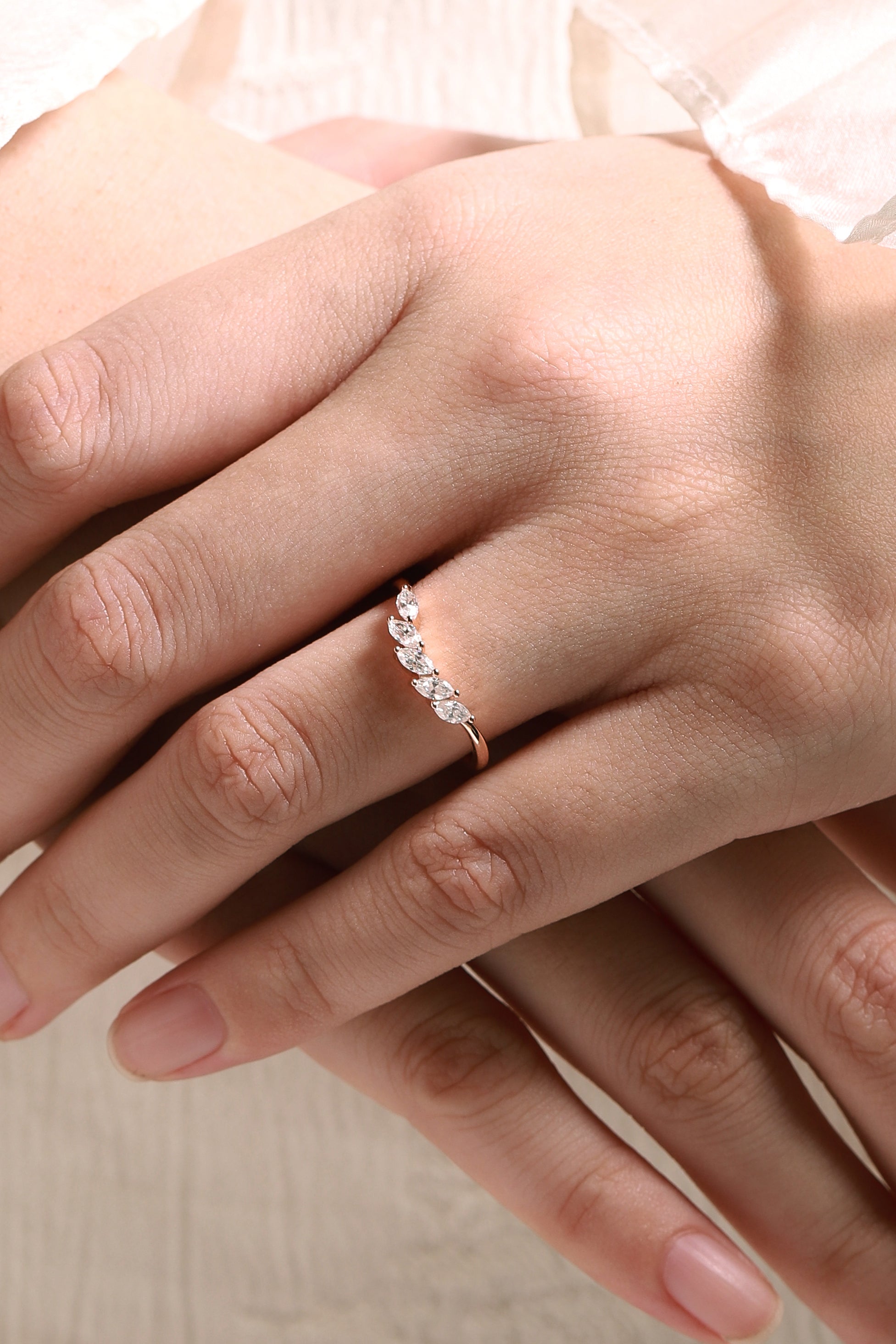 Rose gold moissanite wedding band with marquise stones. Perfect bridal set, engagement or anniversary ring.