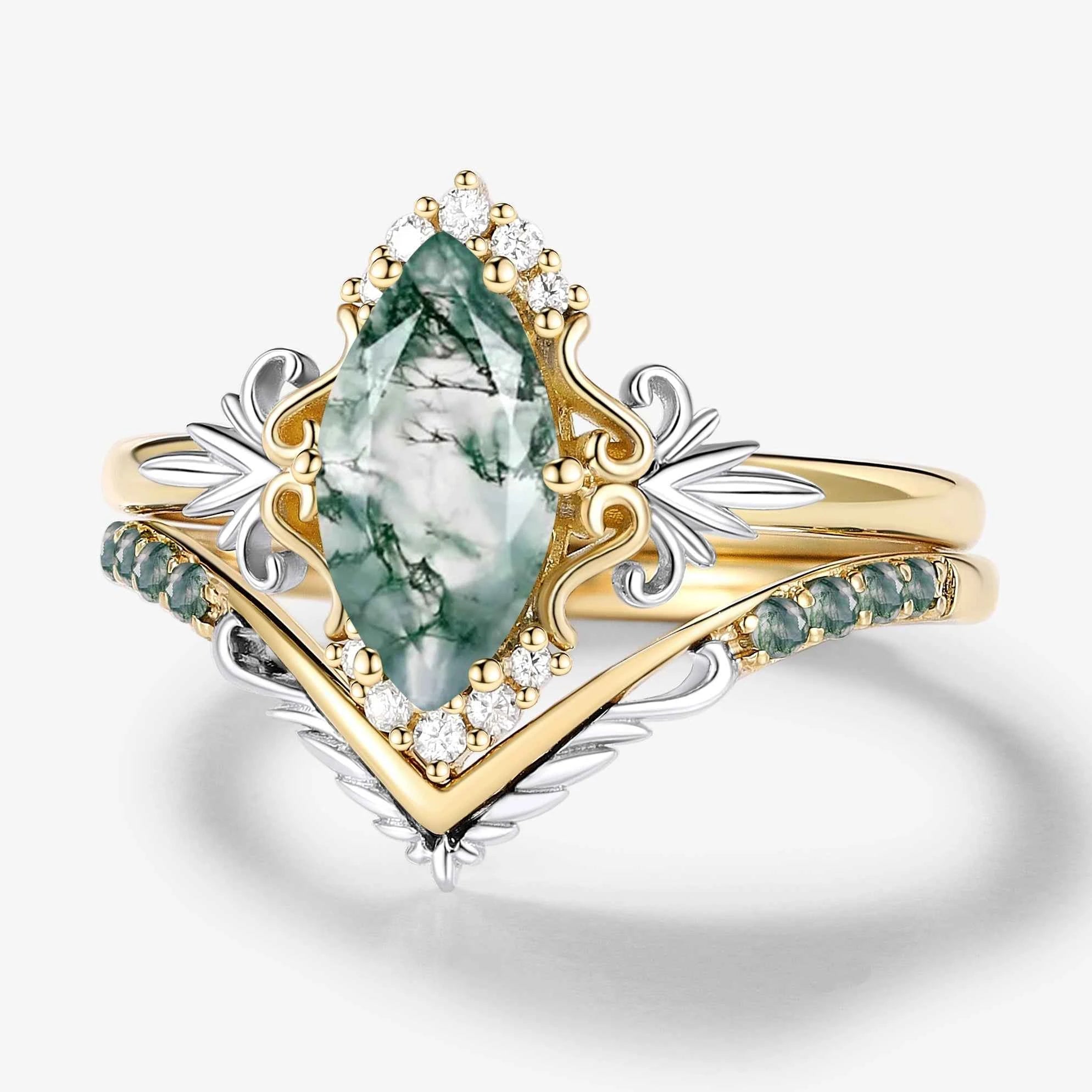 Leaf-Inspired Two-Tone  Marquise Cur Moss Agate Engagement Ring Set 2pcs